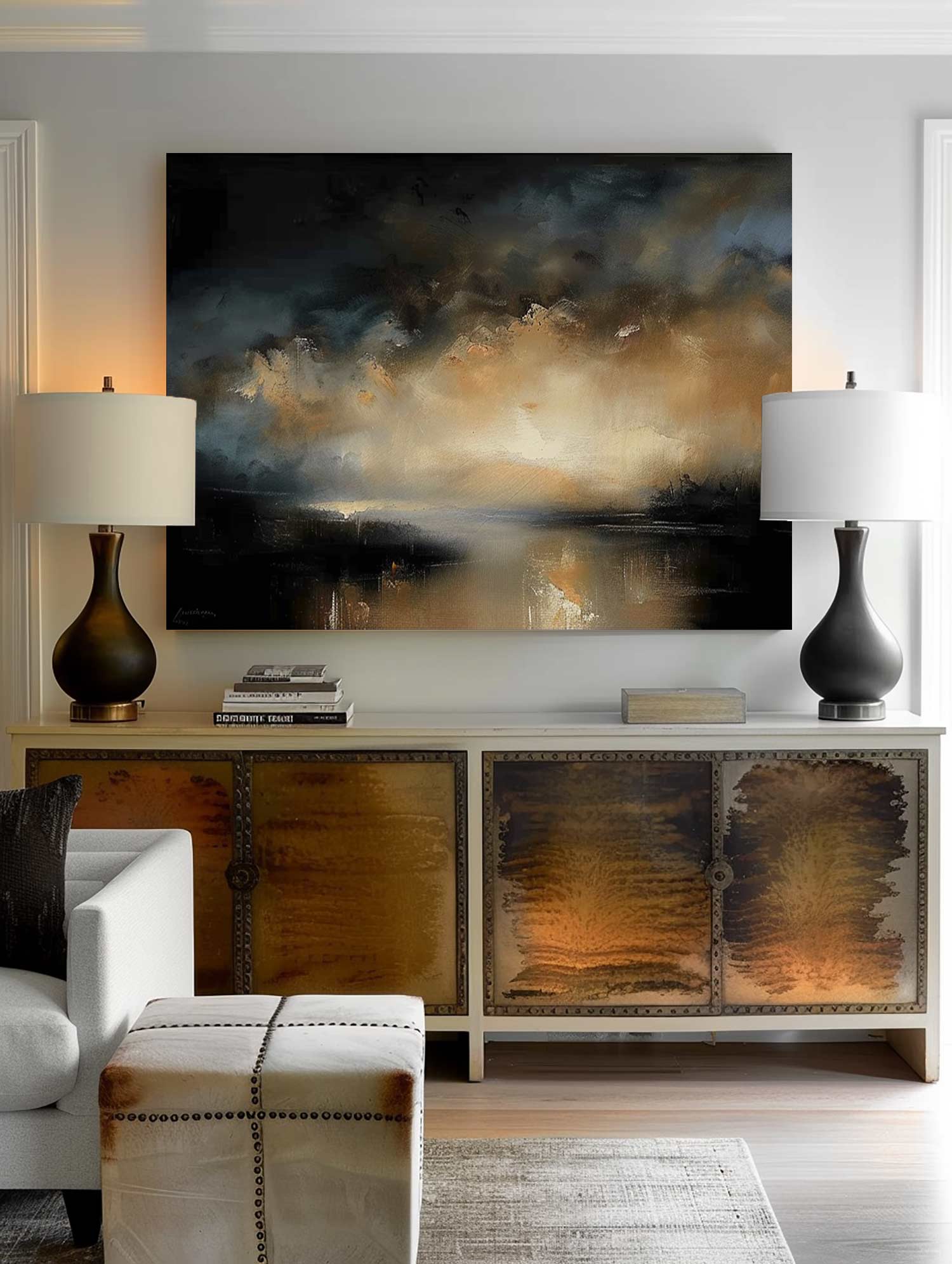 Vintage Minimalist Black And Beige Lake Landscape Painting Large Neutral Black And Beige Abstract Painting