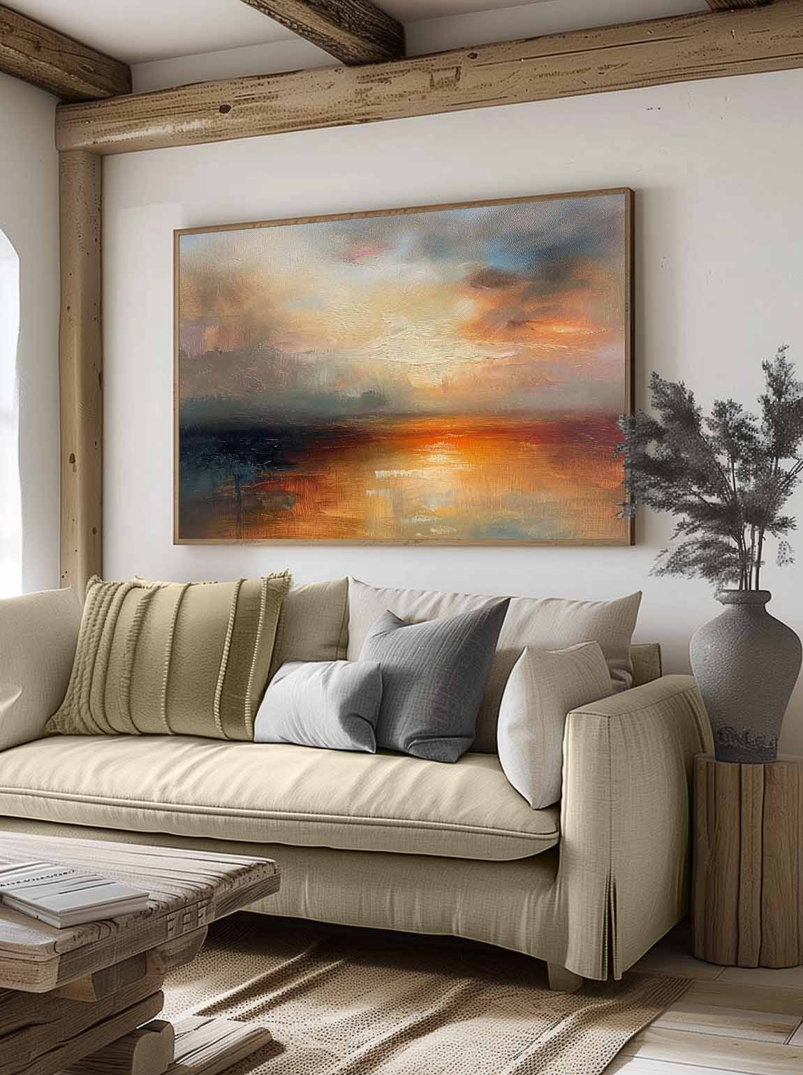 Vintage Hand-Painted Abstract Sea Level Oil Painting Large Sunset Sea Level Texture Painting Retro Sea Level Wall Art