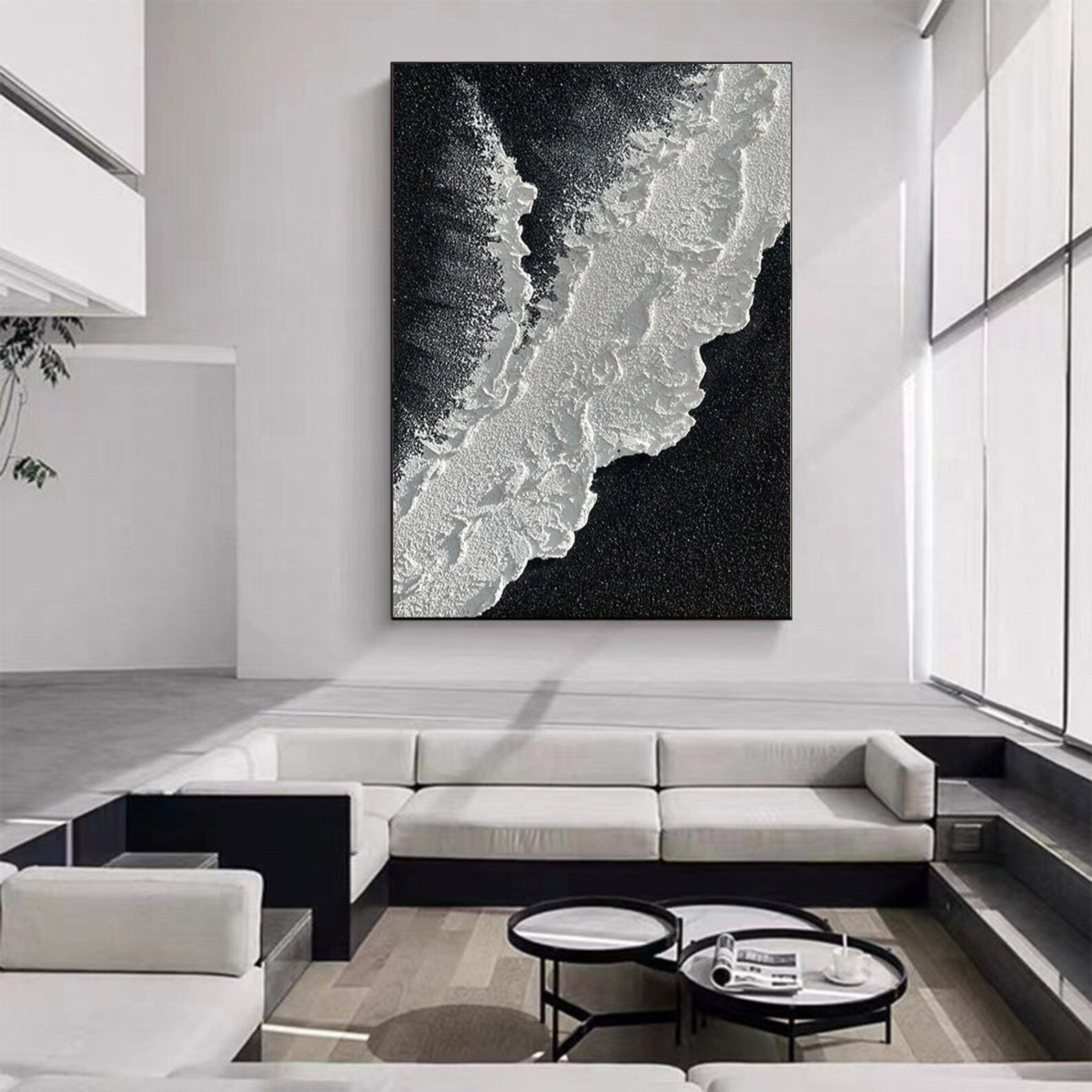 Minimalist Black And White Ocean Painting Large White Black 3D Texture Wall Art