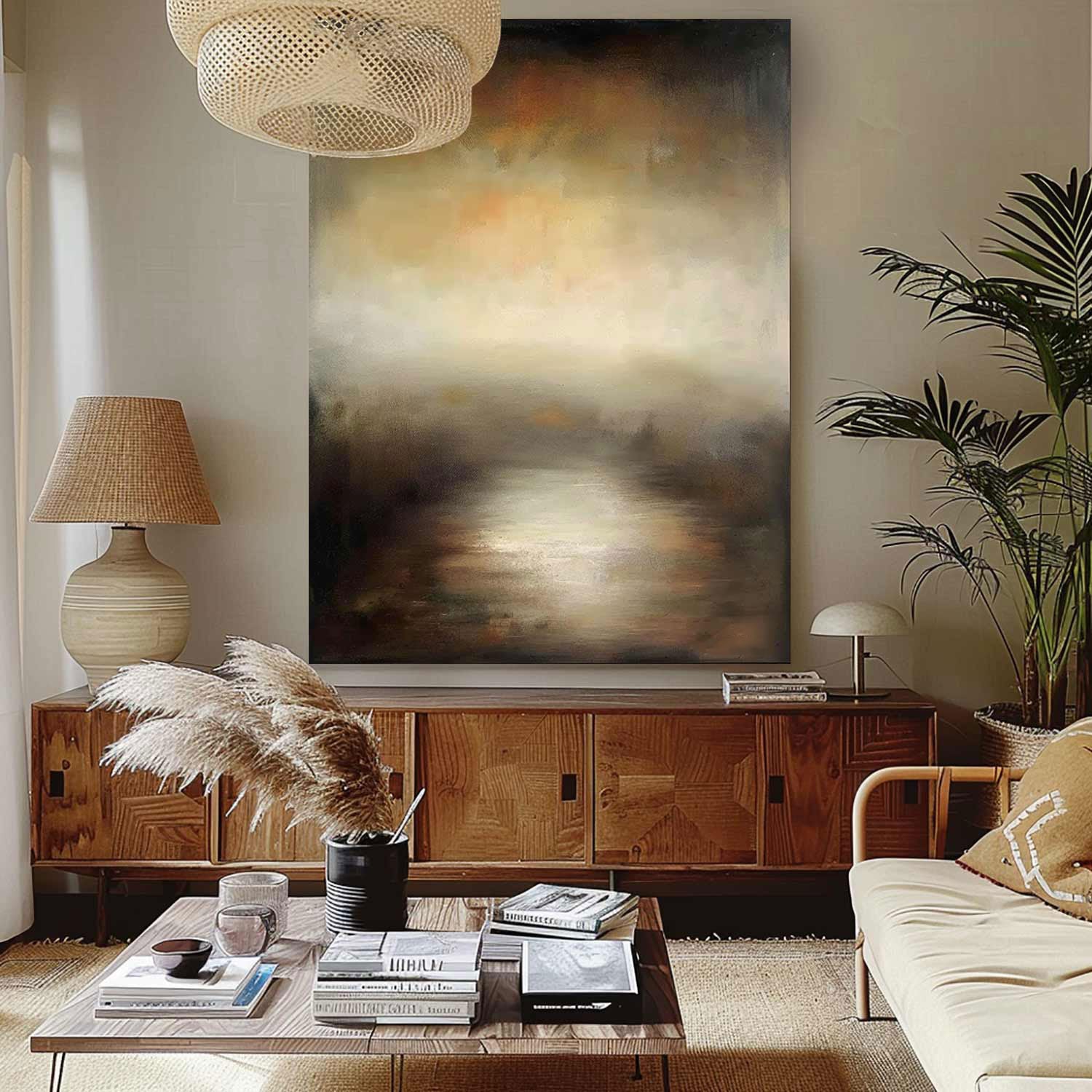 Retro Black And Beige Abstract Painting Large Neutral Beige Canvas Painting Original Beige Landscape Canvas Painting