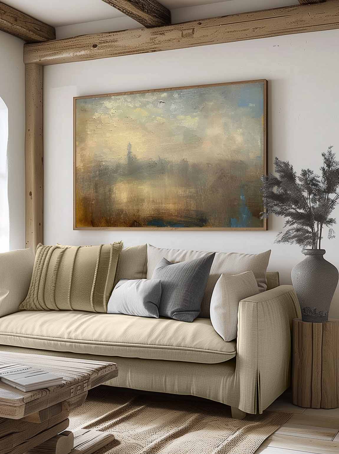 Original Vintage Landscape Oil Painting Vintage Abstract Landscape Beige Wall Art Minimalist Abstract Landscape