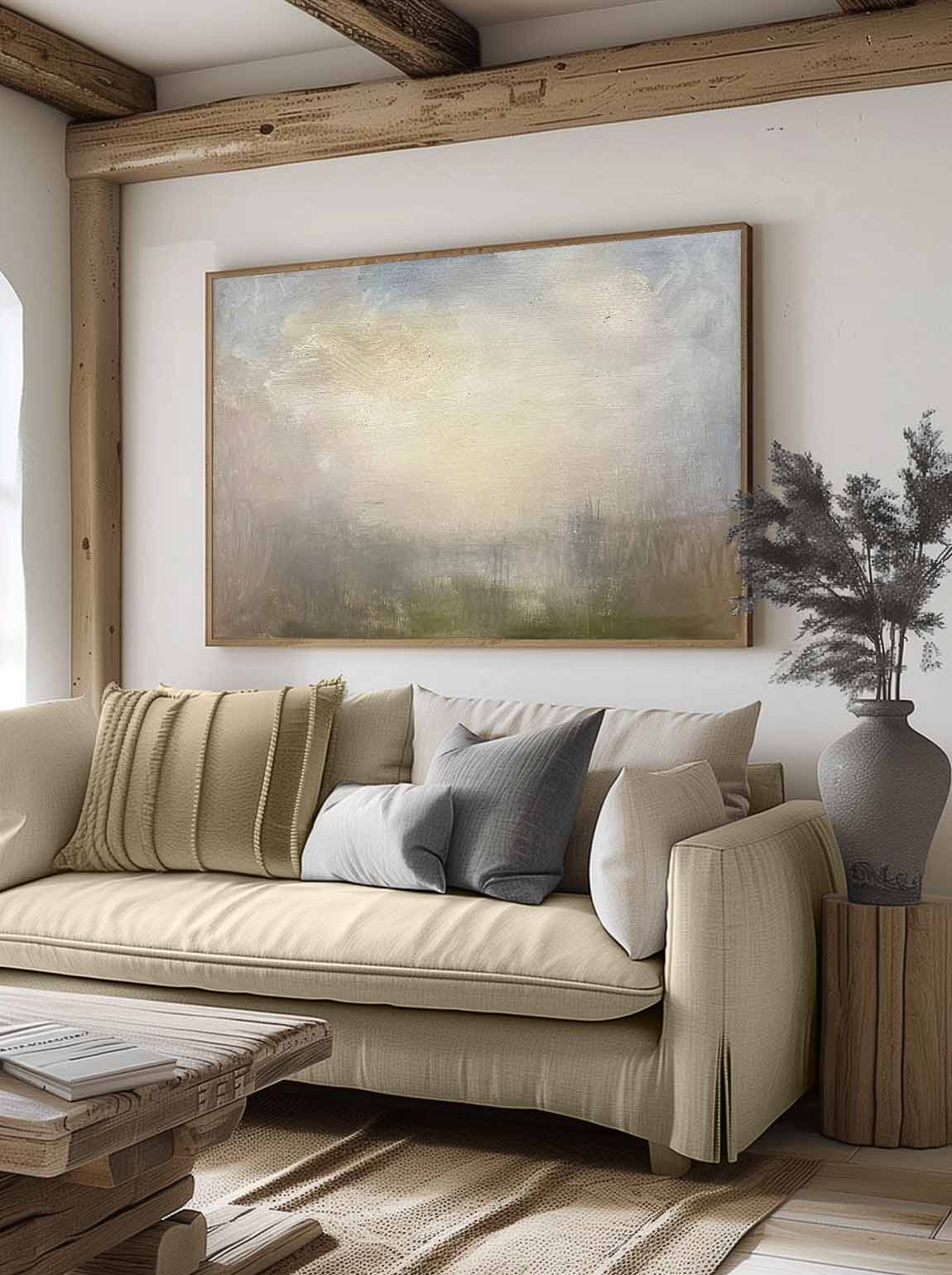 Vintage Minimalist Lake Landscape Oil Painting Retro Hand-Painted Abstract Lake Wall Art Original Wall Decor