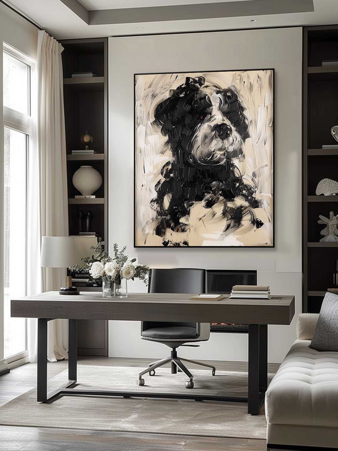 Large Vintage Neutral Dog Portrait Painting Original Dog Painting On Canvas Retro Neutral Tone Dog Artwork