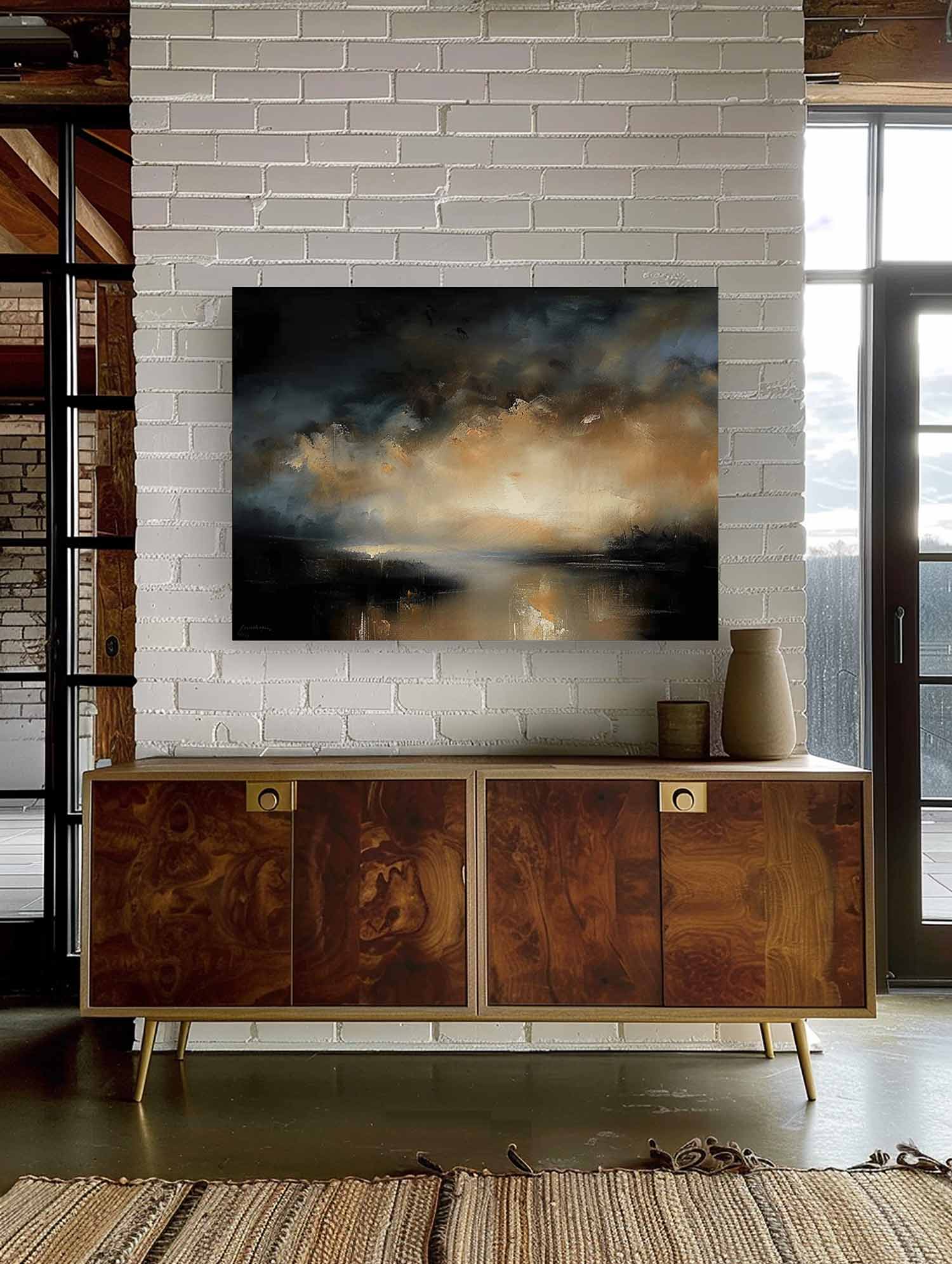 Vintage Minimalist Black And Beige Lake Landscape Painting Large Neutral Black And Beige Abstract Painting