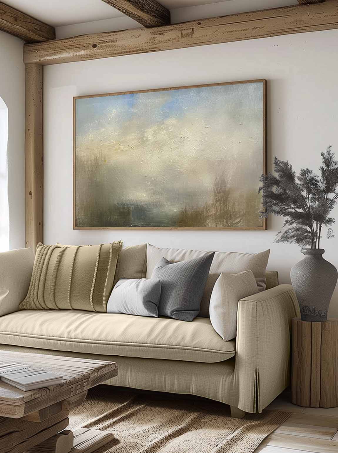 Vintage Abstract Beige And Grey Oil Painting Minimalist Beige Landscape Art Retro Beige Countryside Oil Painting