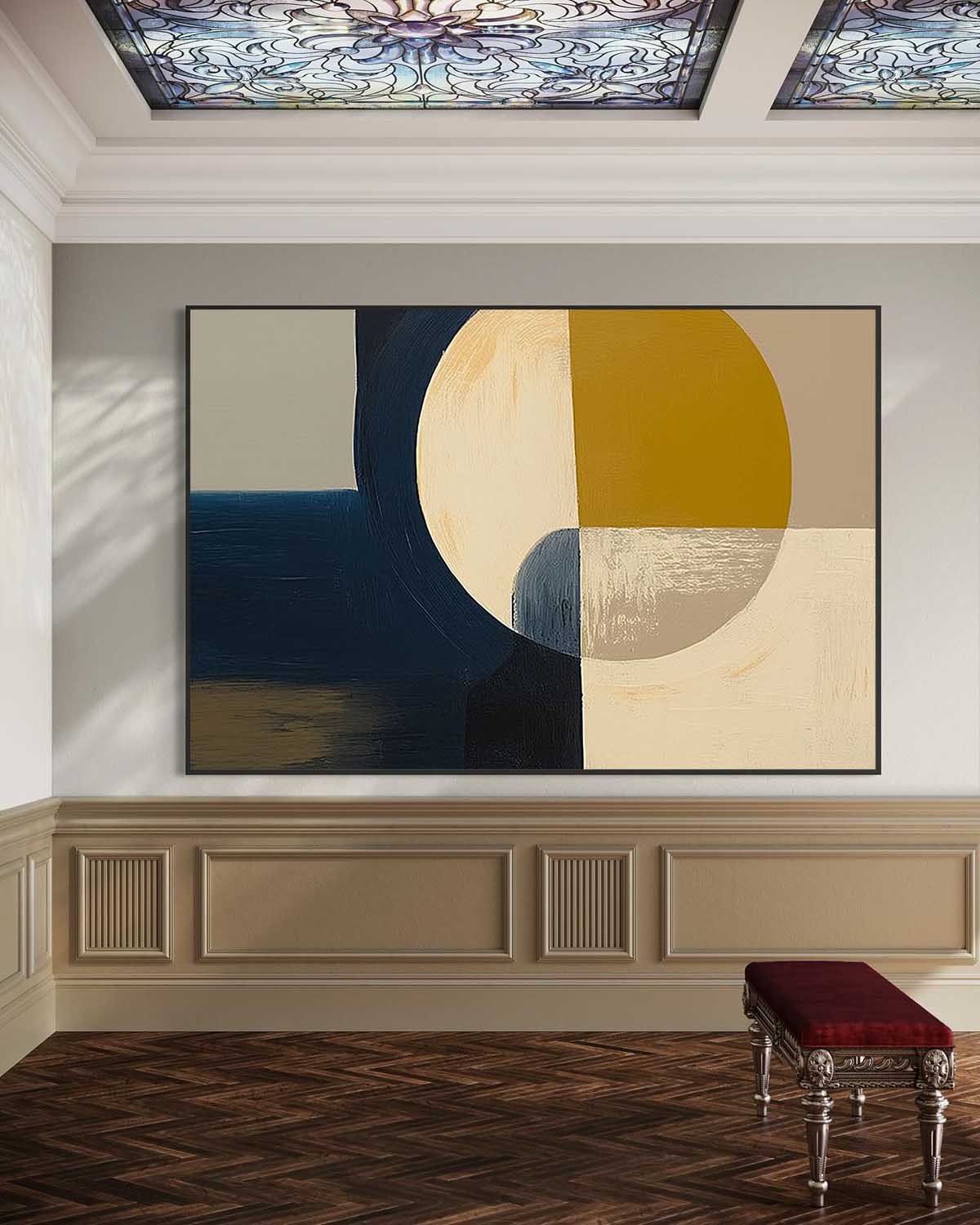 Minimalist Beige Gold Circular Wall Art Beige Circle Abstract Art Neutral Beige & Blue Painting