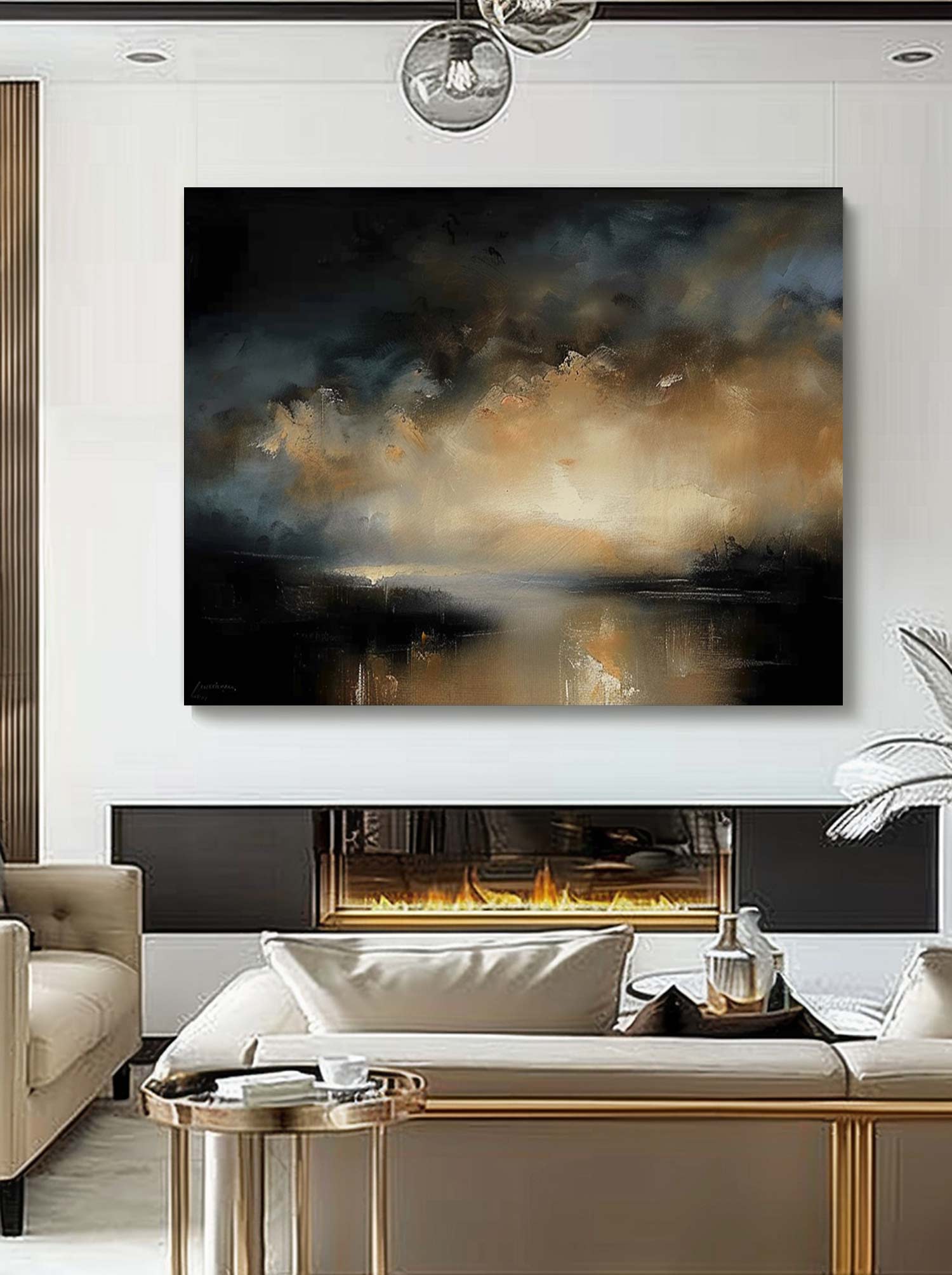 Vintage Minimalist Black And Beige Lake Landscape Painting Large Neutral Black And Beige Abstract Painting