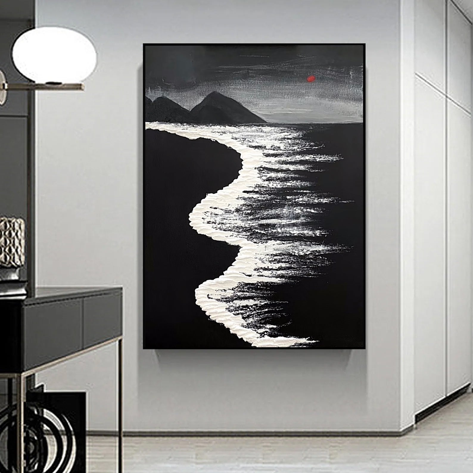 3d Minimalist Black White Wave Painting On Canvas Large Black Ocean Texture Wall Art