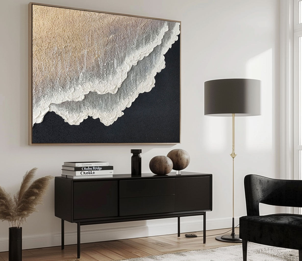 3D White And Black Minimalist Ocean Waves Art Large White And Black Minimalist Beach Painting Wabi-Sabi Wall Art