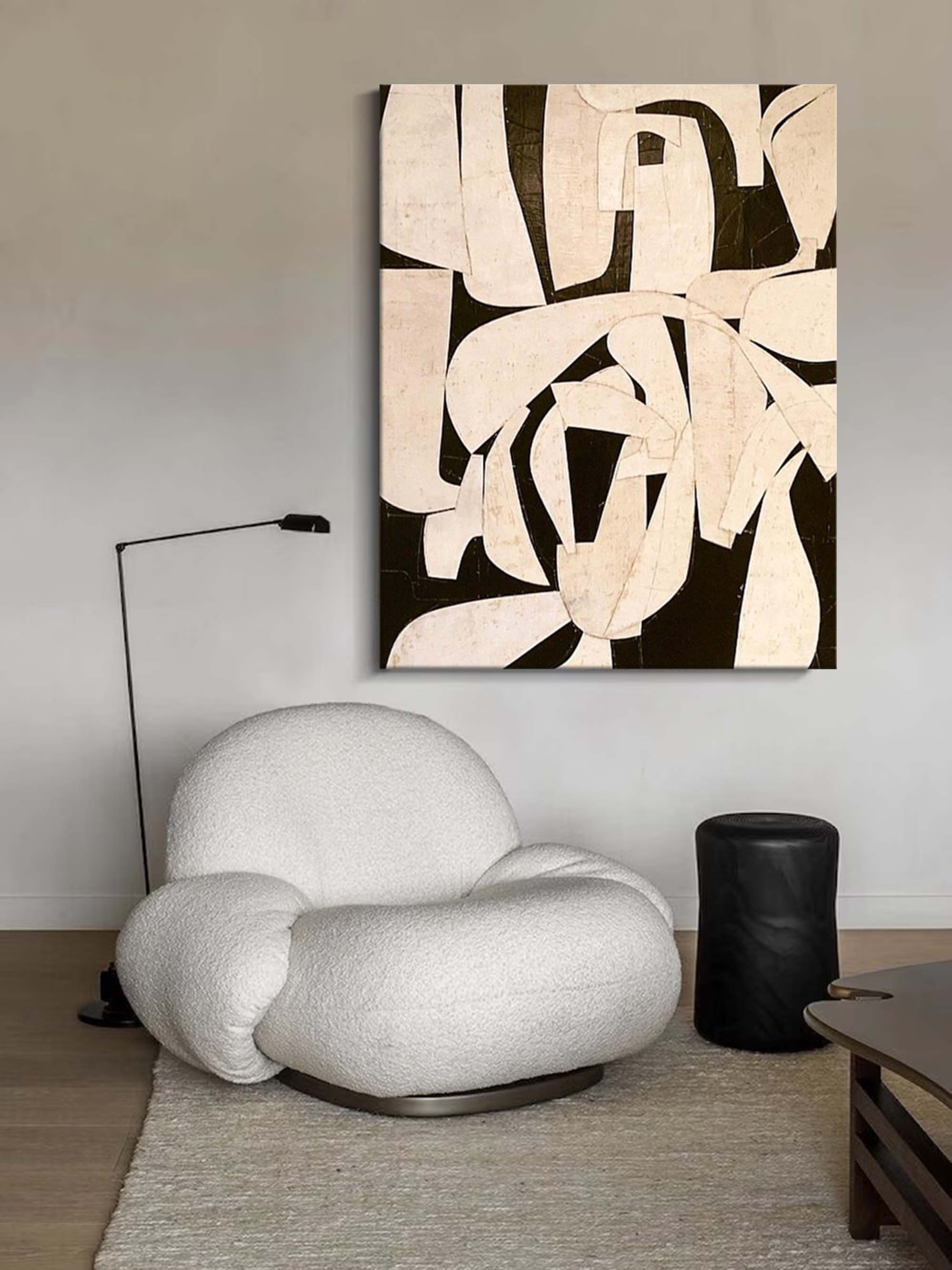 Beige Minimalist Abstract Painting Neutral Beige & Black Painting On Canvas