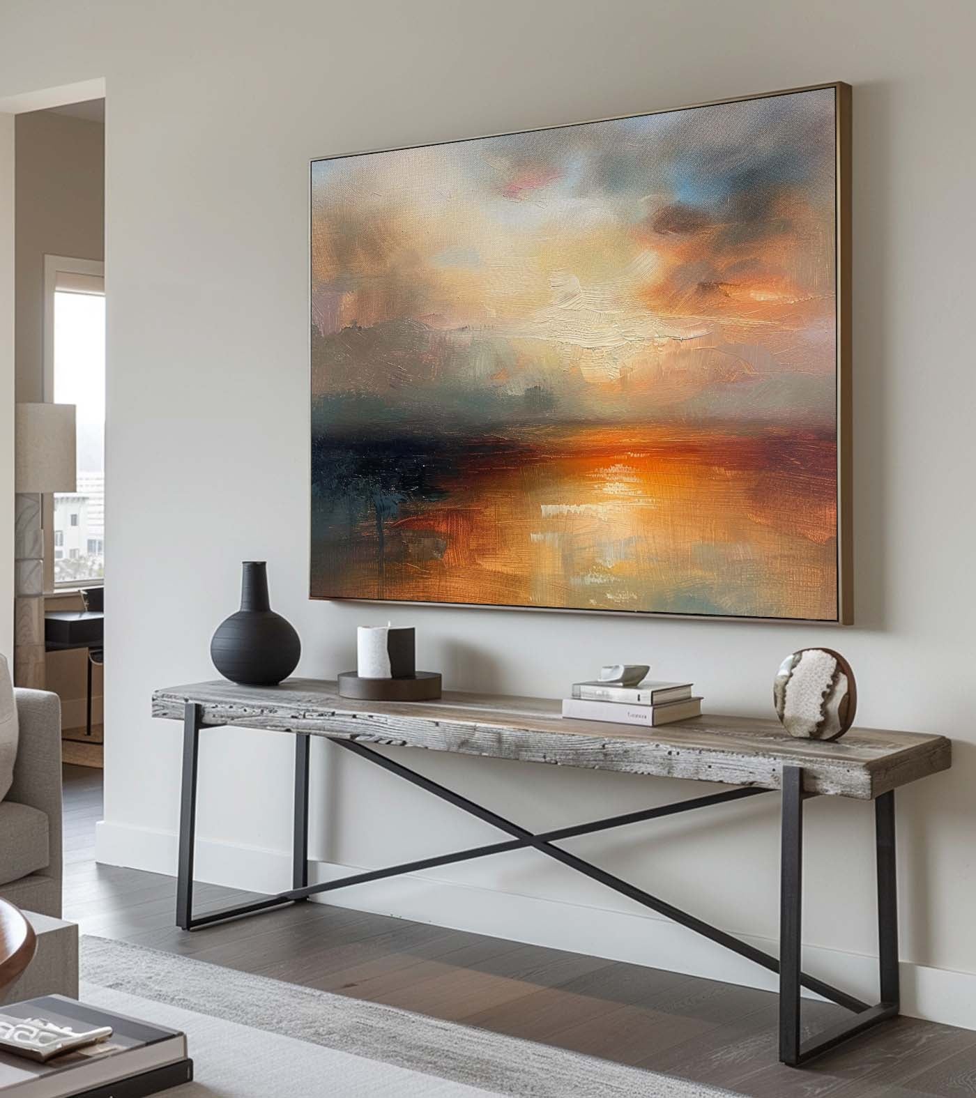 Vintage Hand-Painted Abstract Sea Level Oil Painting Large Sunset Sea Level Texture Painting Retro Sea Level Wall Art