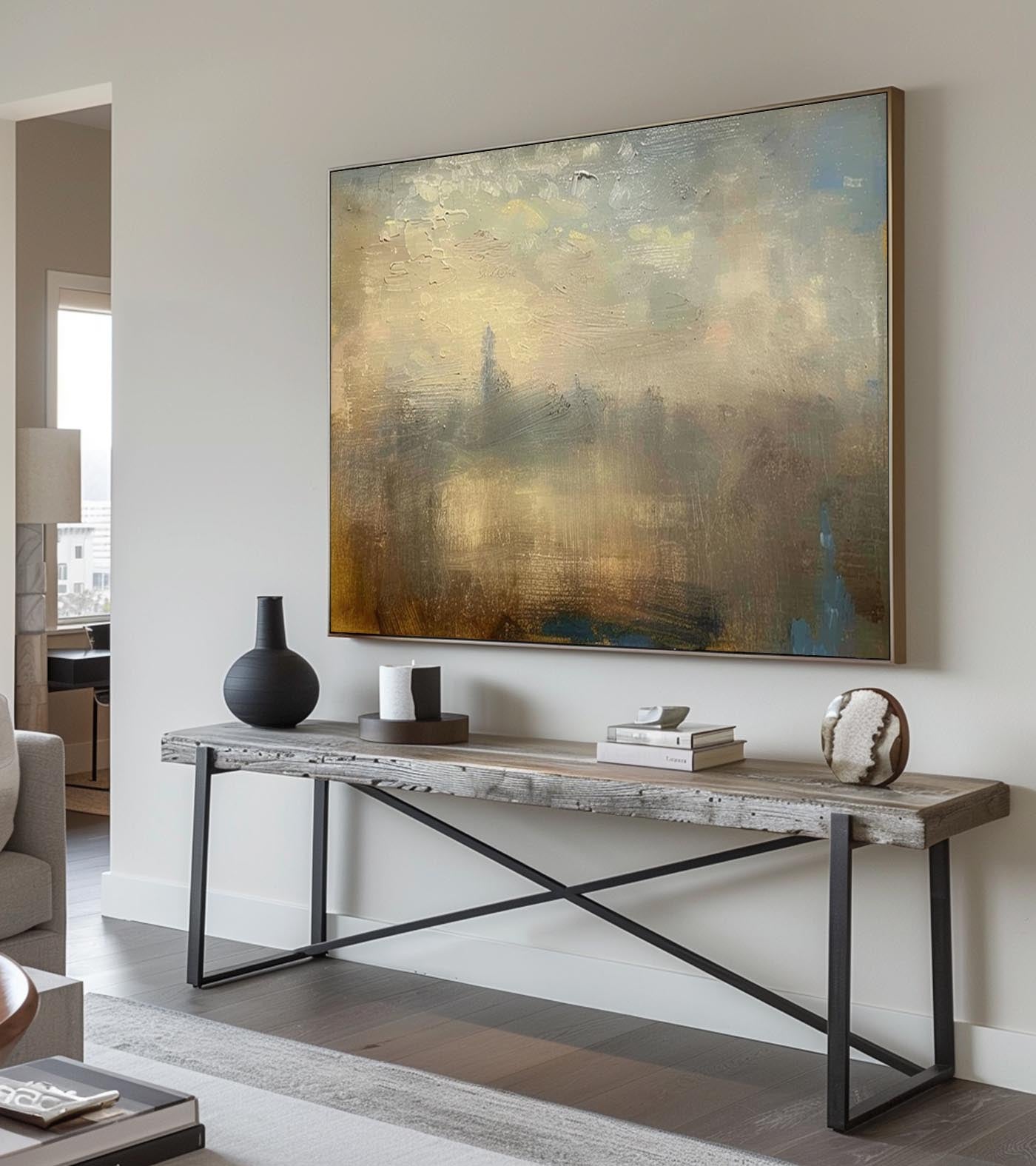 Original Vintage Landscape Oil Painting Vintage Abstract Landscape Beige Wall Art Minimalist Abstract Landscape