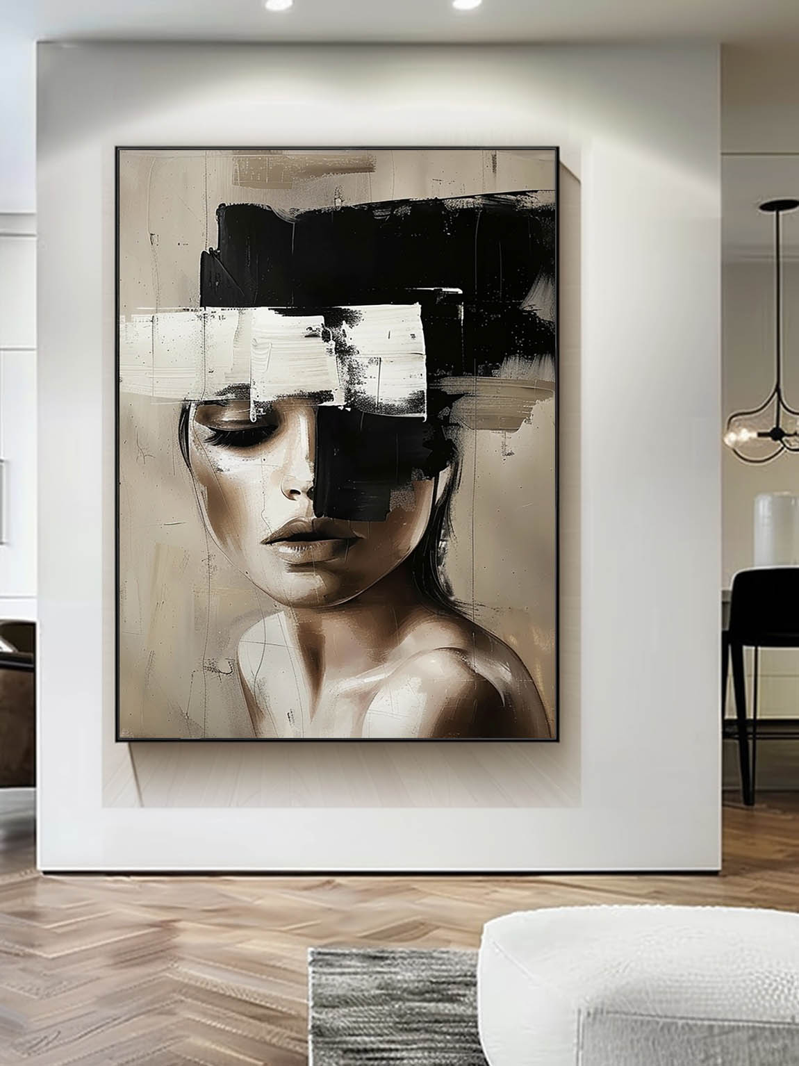 Vintage Black And Beige Female Face Oil Painting Original Female Canvas Art Large Abstract Handmade Portrait Art