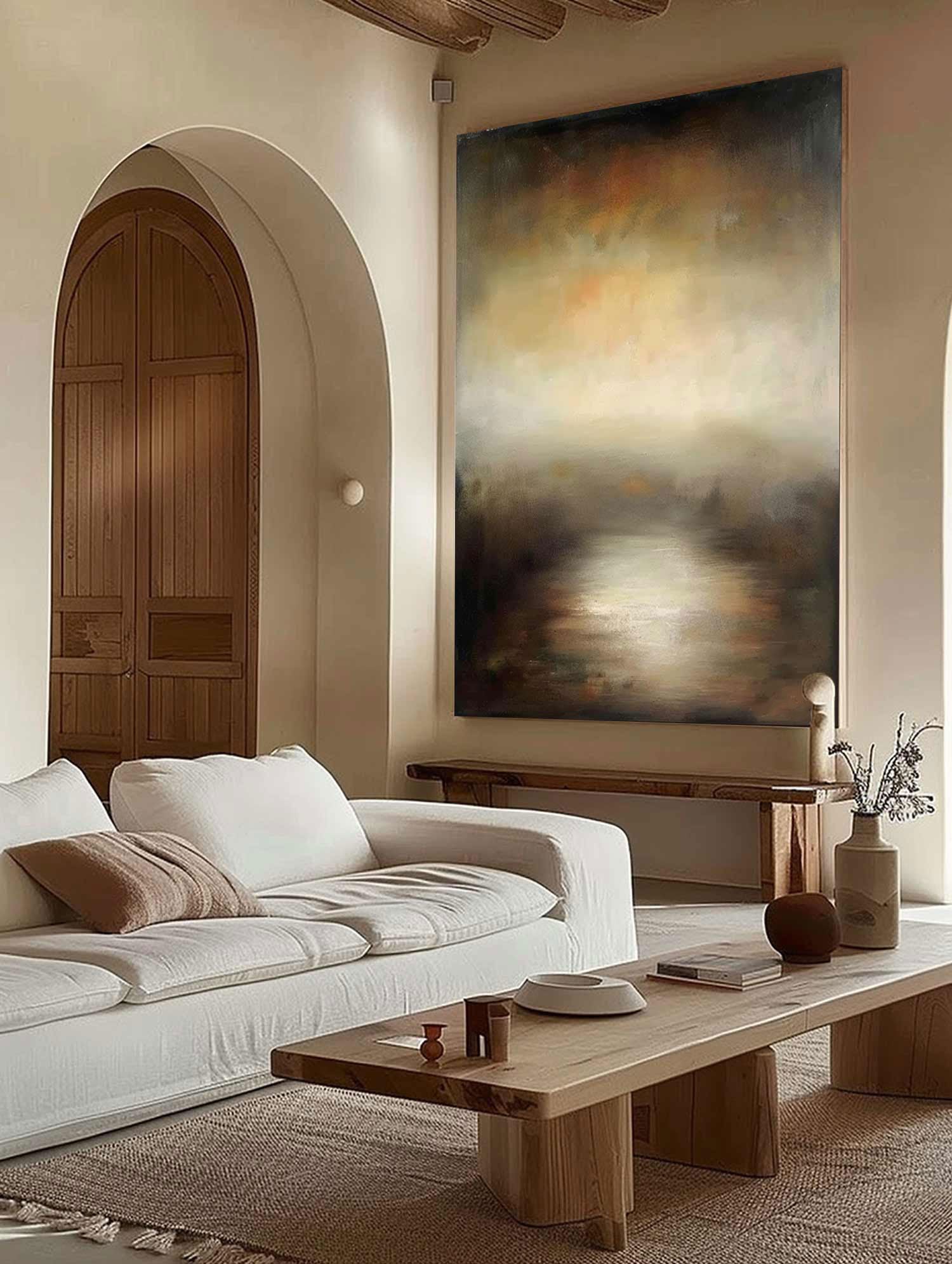 Retro Black And Beige Abstract Painting Large Neutral Beige Canvas Painting Original Beige Landscape Canvas Painting