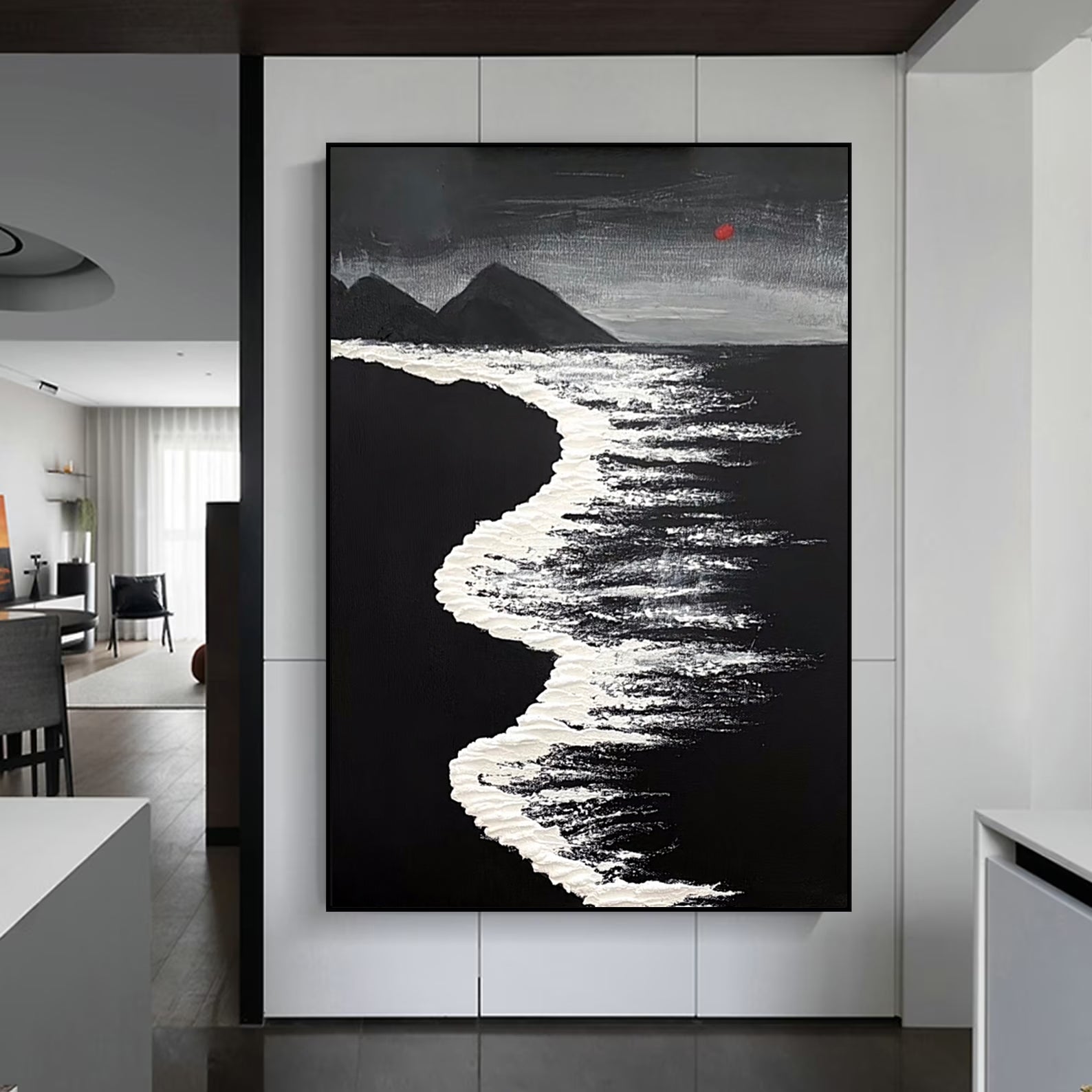 3d Minimalist Black White Wave Painting On Canvas Large Black Ocean Texture Wall Art