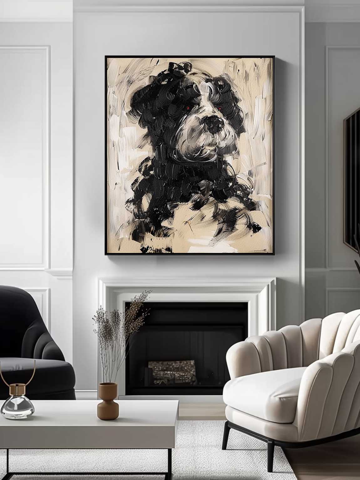 Large Vintage Neutral Dog Portrait Painting Original Dog Painting On Canvas Retro Neutral Tone Dog Artwork