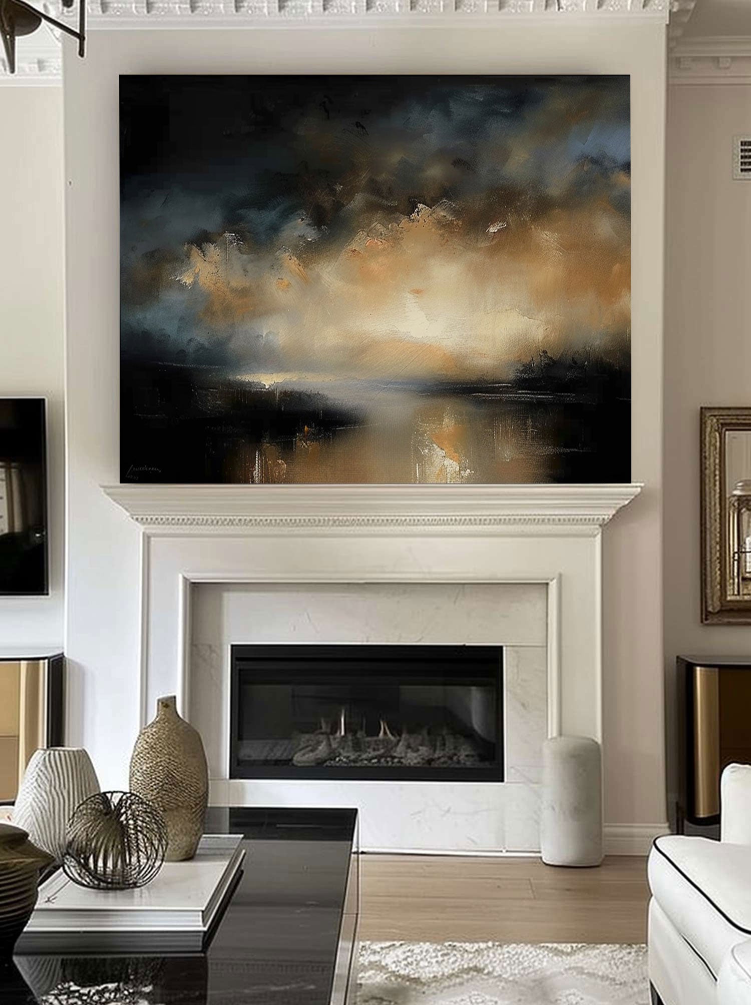 Vintage Minimalist Black And Beige Lake Landscape Painting Large Neutral Black And Beige Abstract Painting