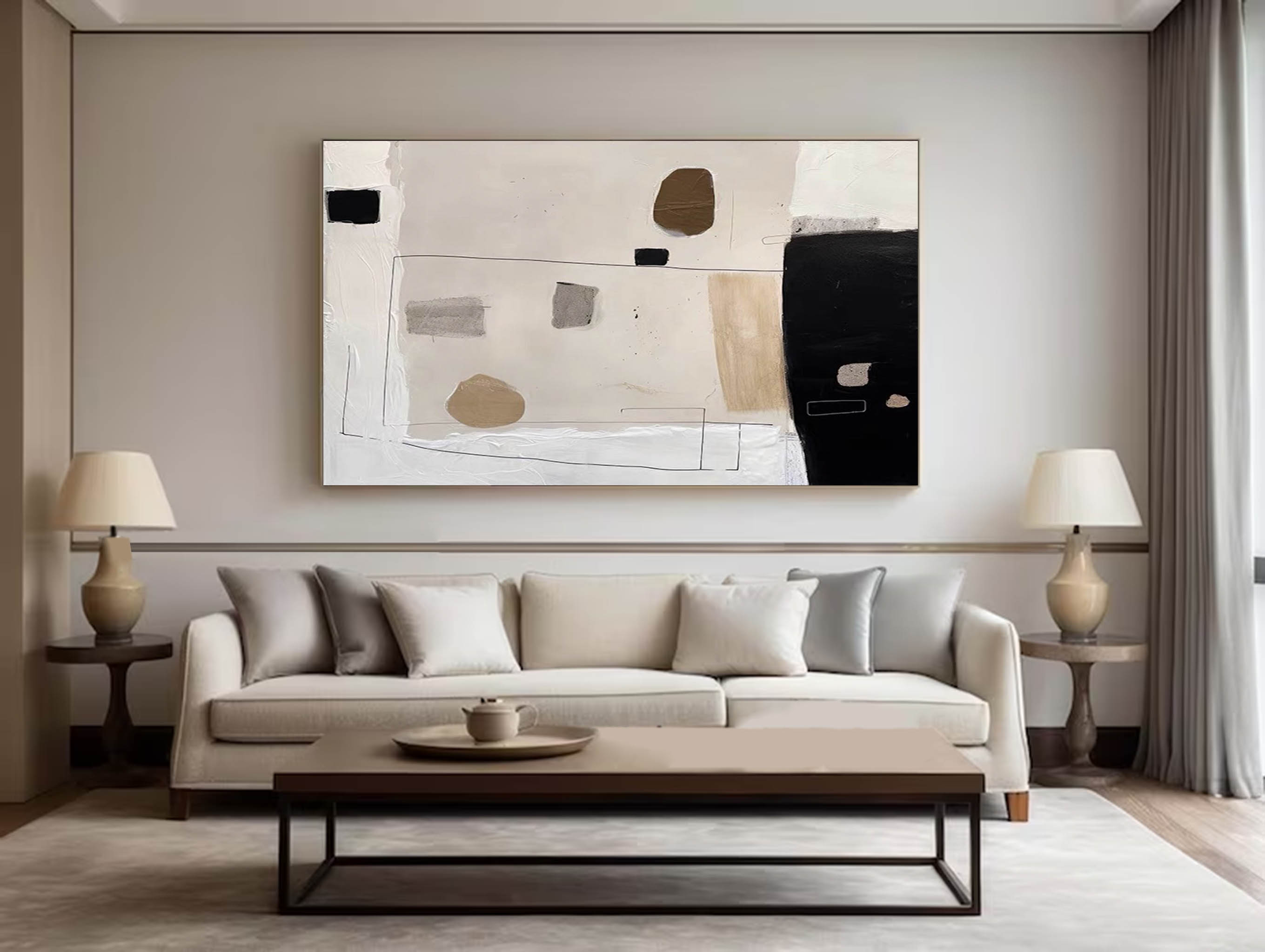 Beige Black Minimalist Painting On Canvas Large Beige Texture Wall Art Beige Abstract Wall Art