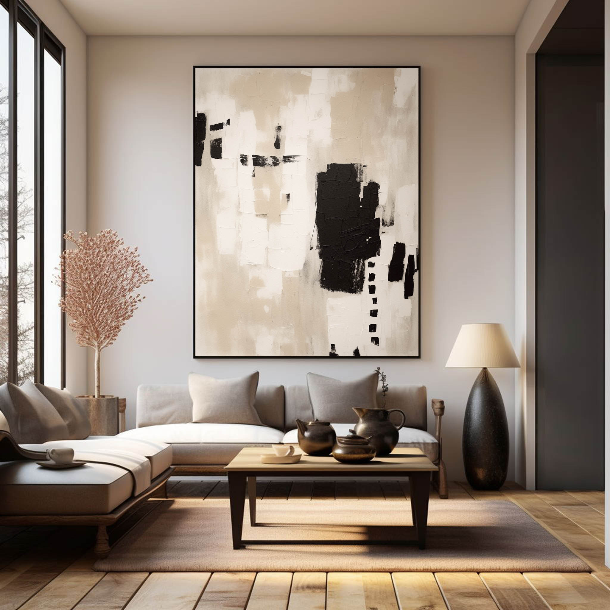 Oversized Beige Abstract Painting Large Abstract Oil Painting Original Beige Black Wabi Sabi Wall Art