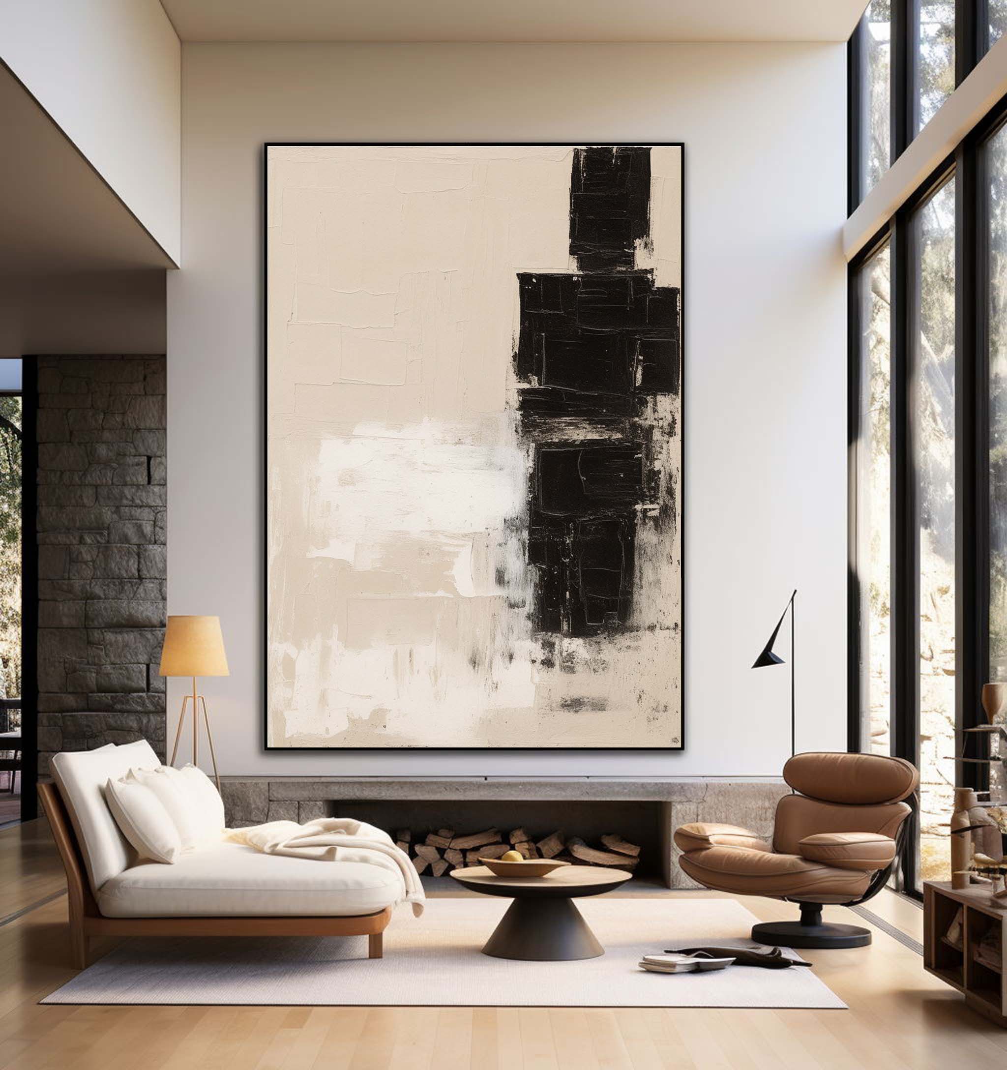 Large Beige Abstract Painting Original Black Beige Minimalist Wall Art Beige Neutral Wall Art