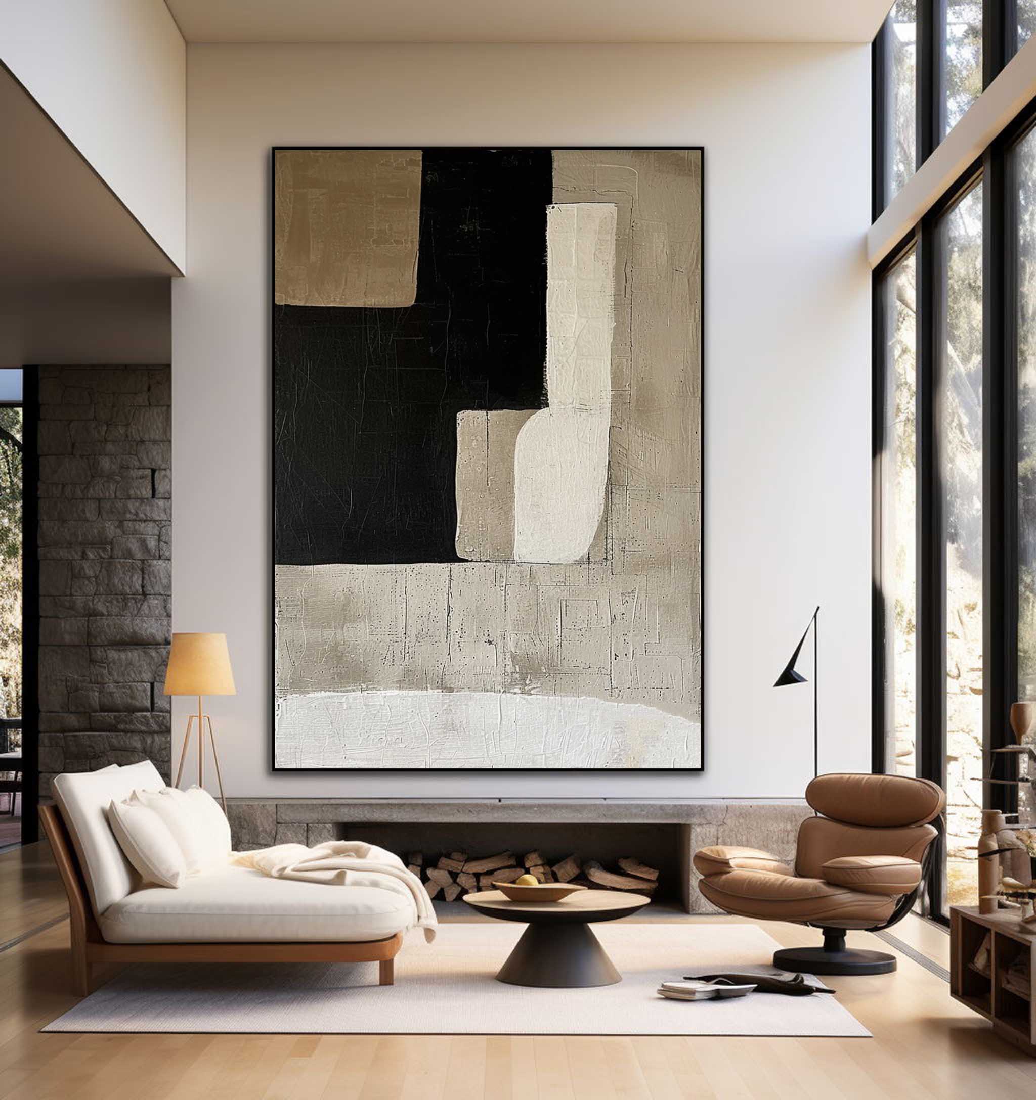 Beige Black Minimalist Painting Large Beige Textured Wall Art Beige Wabi Sabi Wall Art