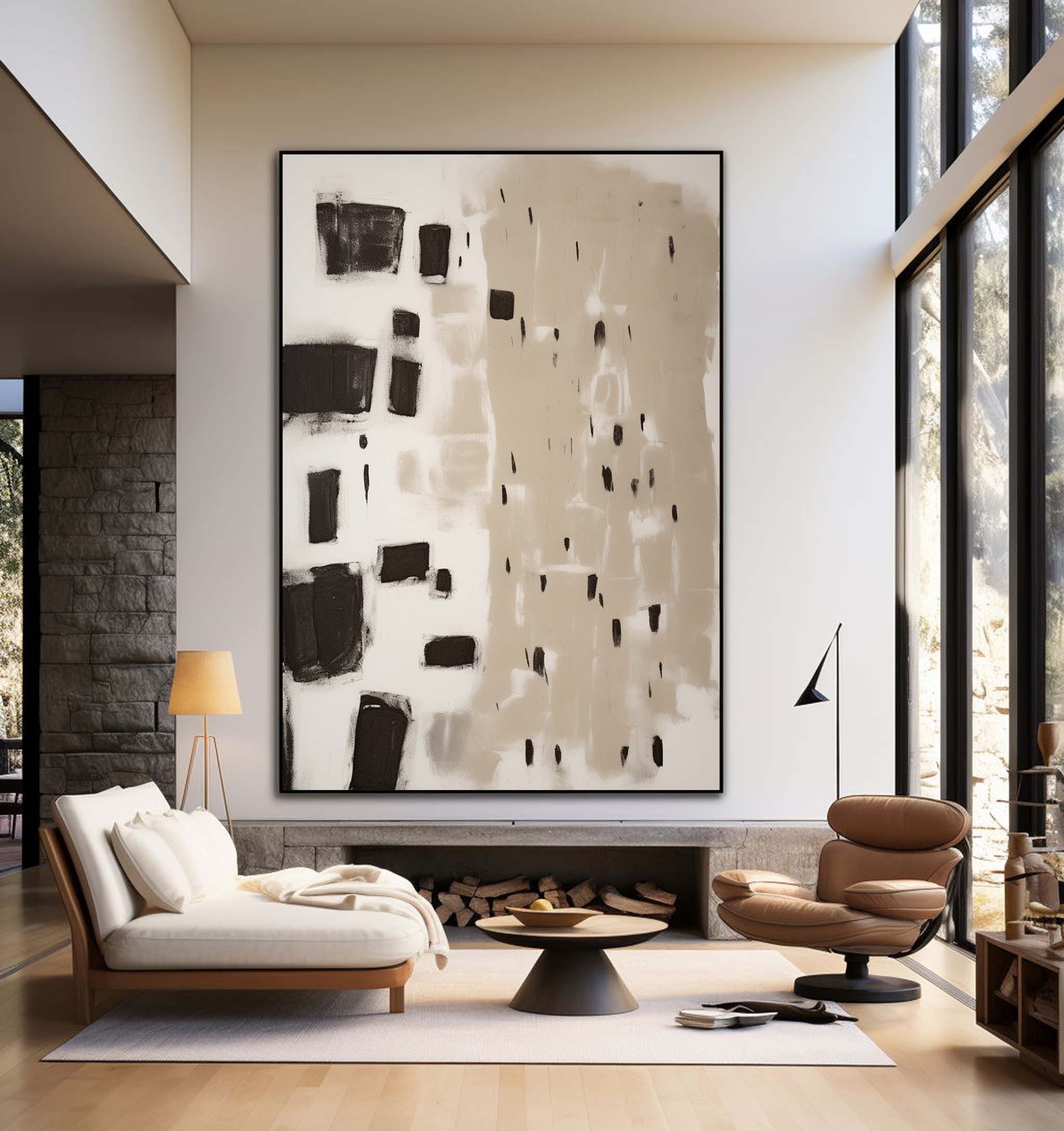 Large Minimalist Beige Black Abstract Painting Large Abstract Painting On Canvas