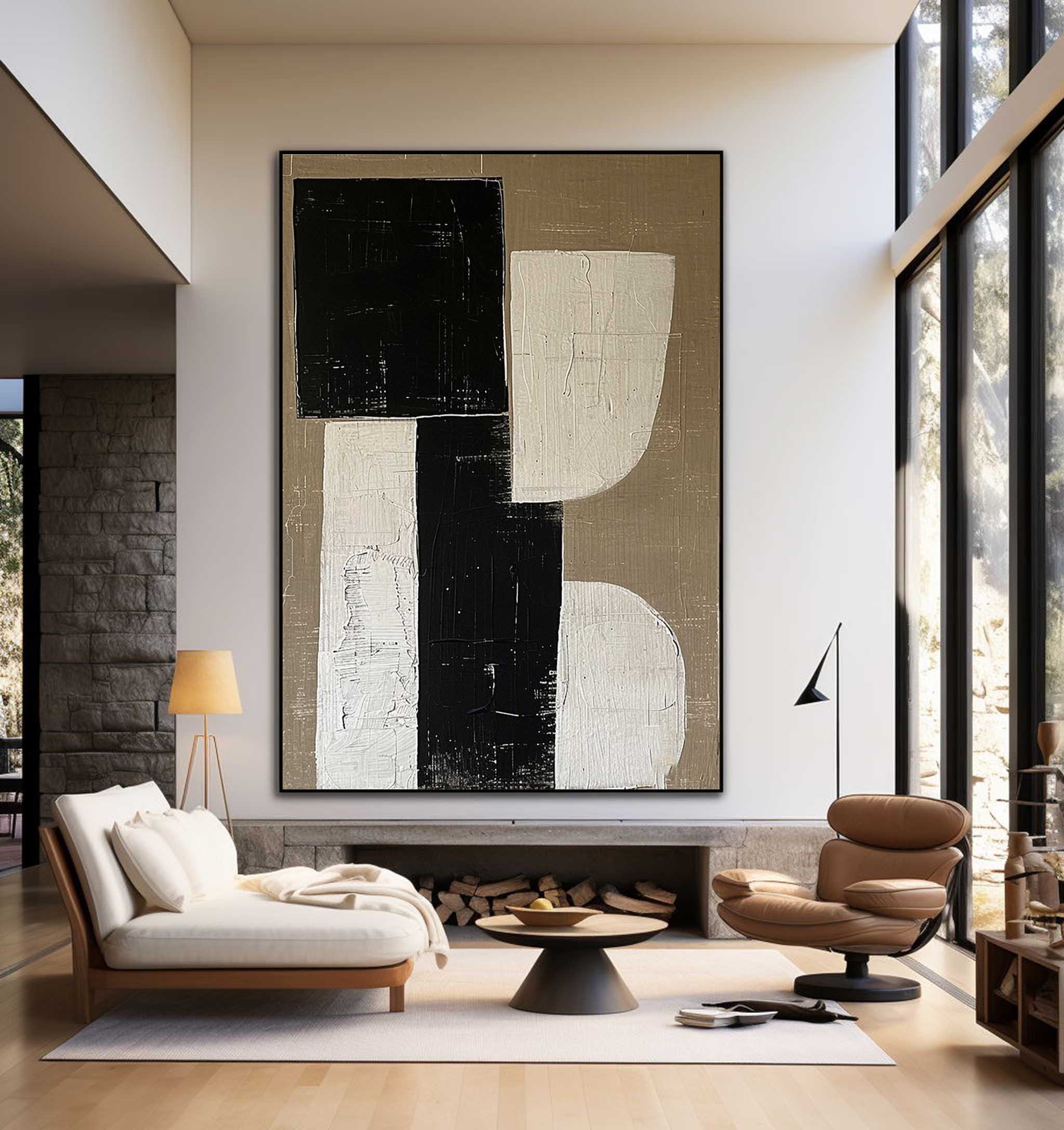 Beige Black Minimalist Painting On Canvas Beige And Black Framed Painting Beige Wabi Sabi Wall Art