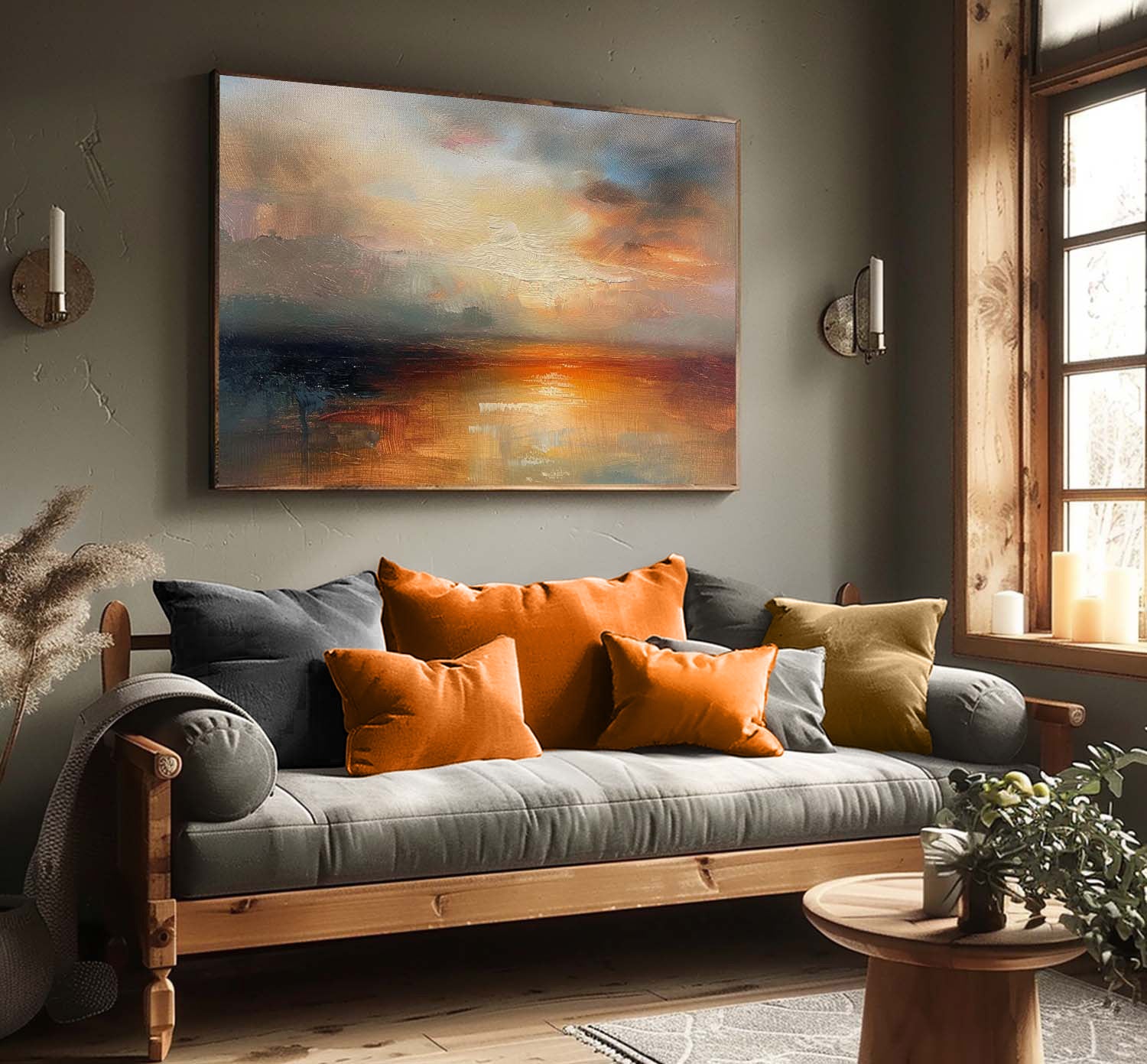 Vintage Hand-Painted Abstract Sea Level Oil Painting Large Sunset Sea Level Texture Painting Retro Sea Level Wall Art