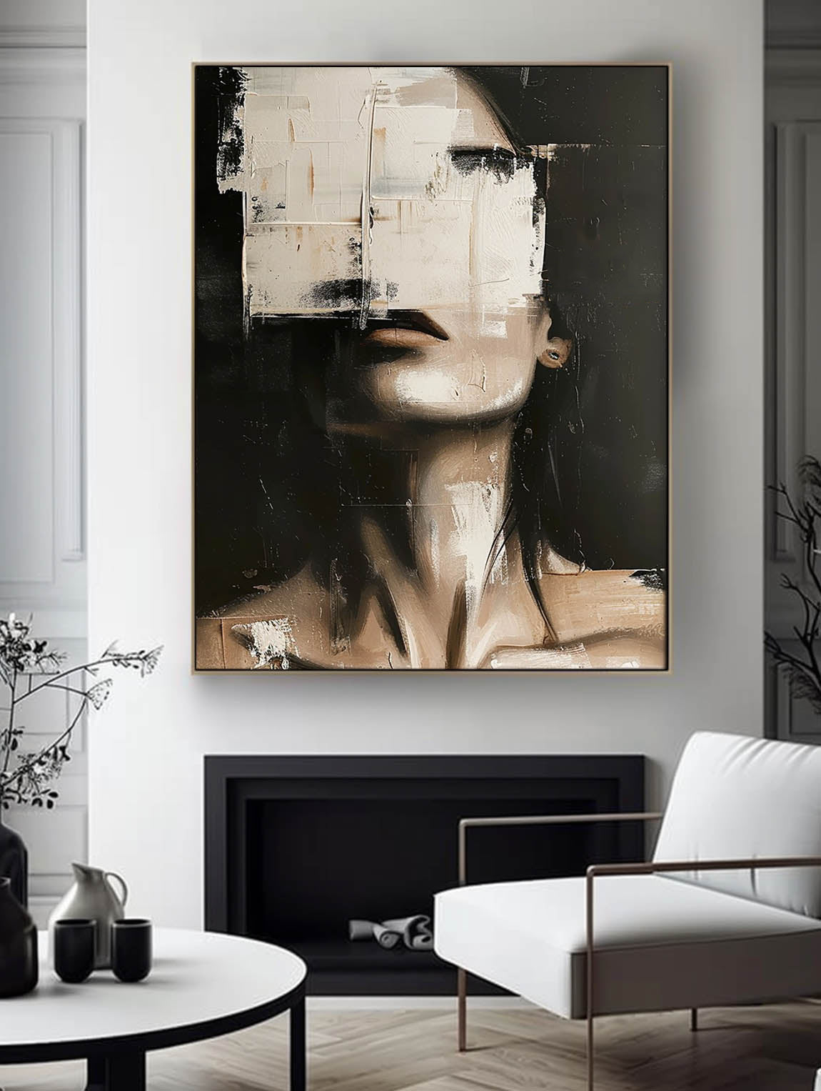 Vintage Neutral Female Portrait On Canvas Minimalist Large Abstract Oil Painting Large Abstract Female Portrait