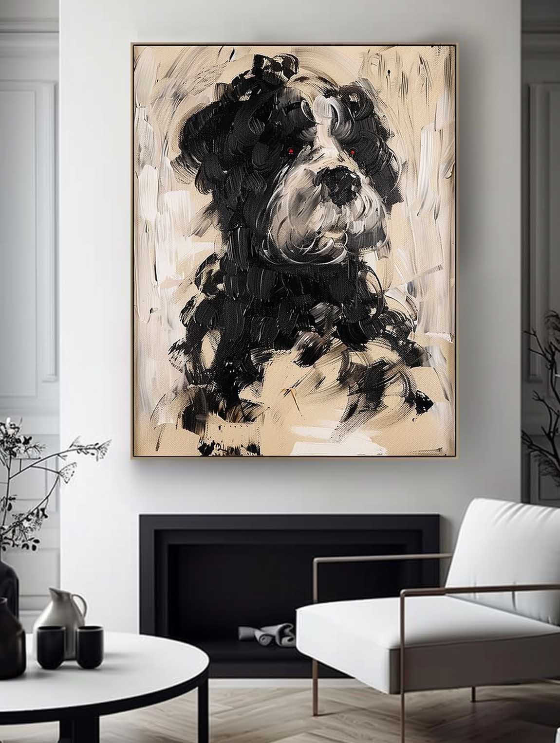 Large Vintage Neutral Dog Portrait Painting Original Dog Painting On Canvas Retro Neutral Tone Dog Artwork