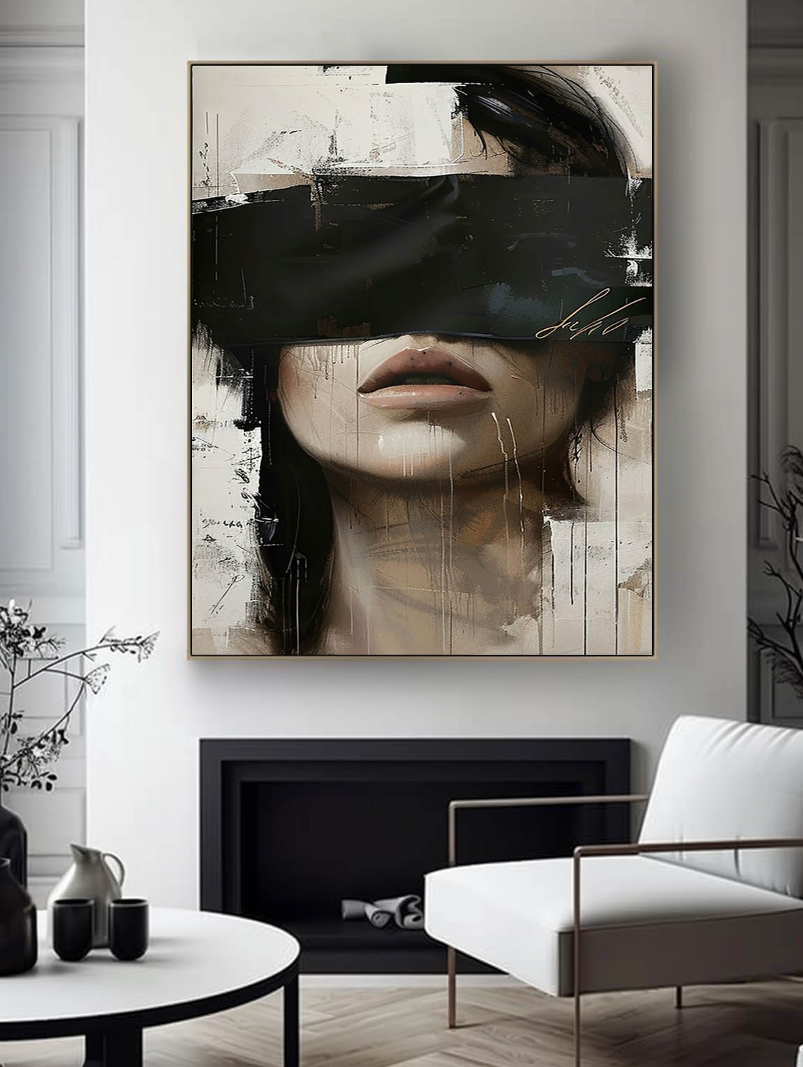 Vintage Abstract Female Face Oil Painting Minimal Woman Wall Art Vintage Female Figure Wall Art Painting