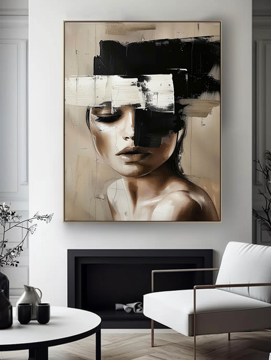 Vintage Black And Beige Female Face Oil Painting Original Female Canvas Art Large Abstract Handmade Portrait Art