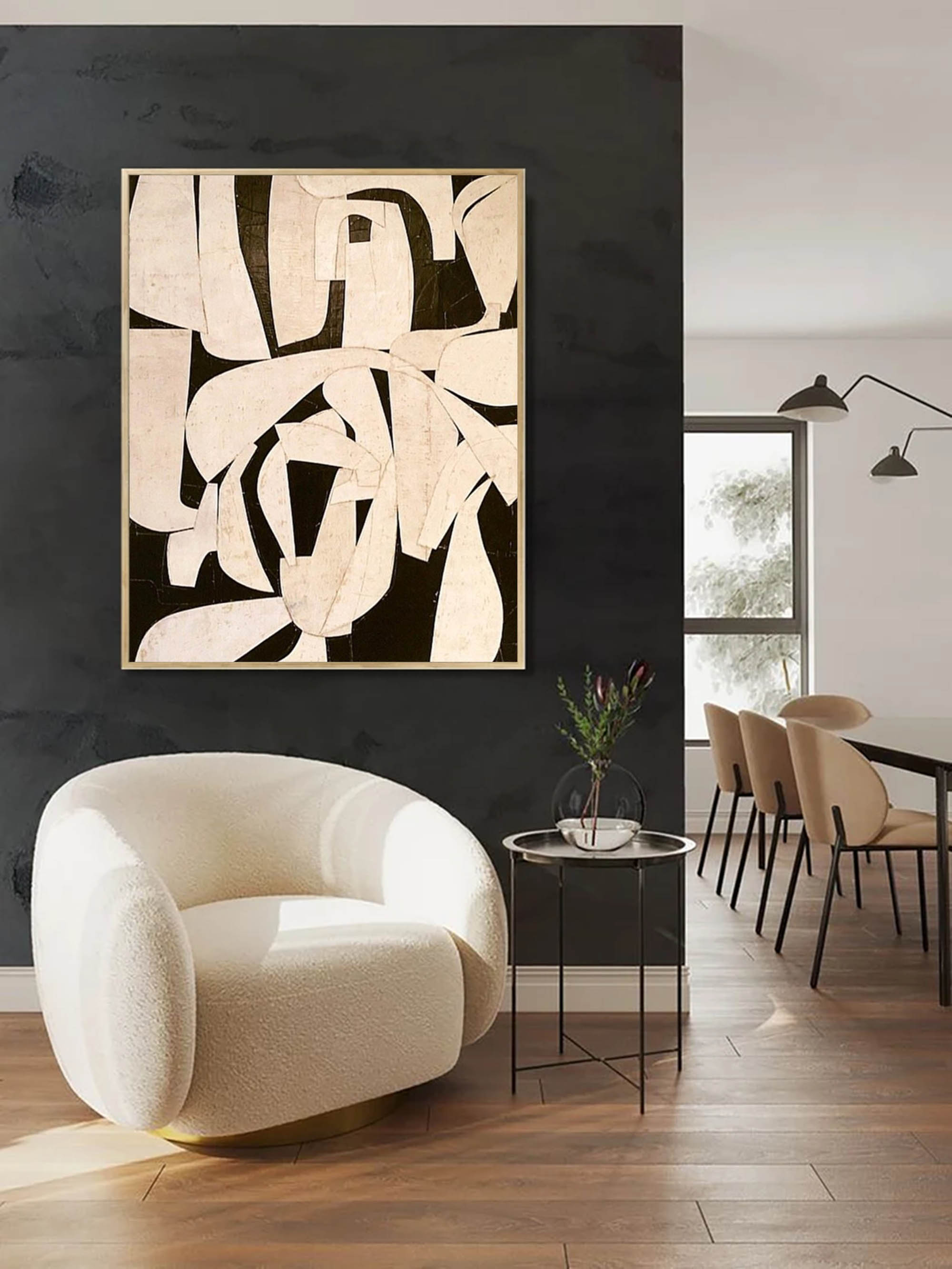 Beige Minimalist Abstract Painting Neutral Beige & Black Painting On Canvas