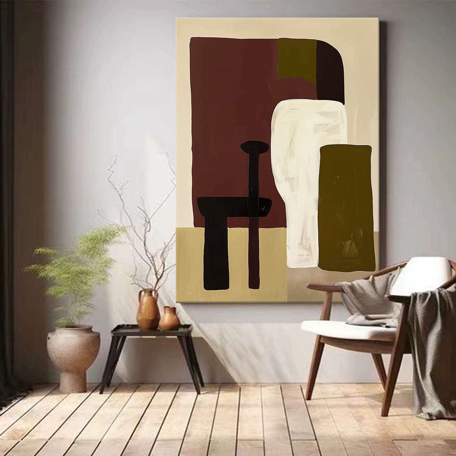 Mid Century Modern Wood Wall Art Vintage Beige Mid-Century Art Original Mid Century Modern Painting On Canvas