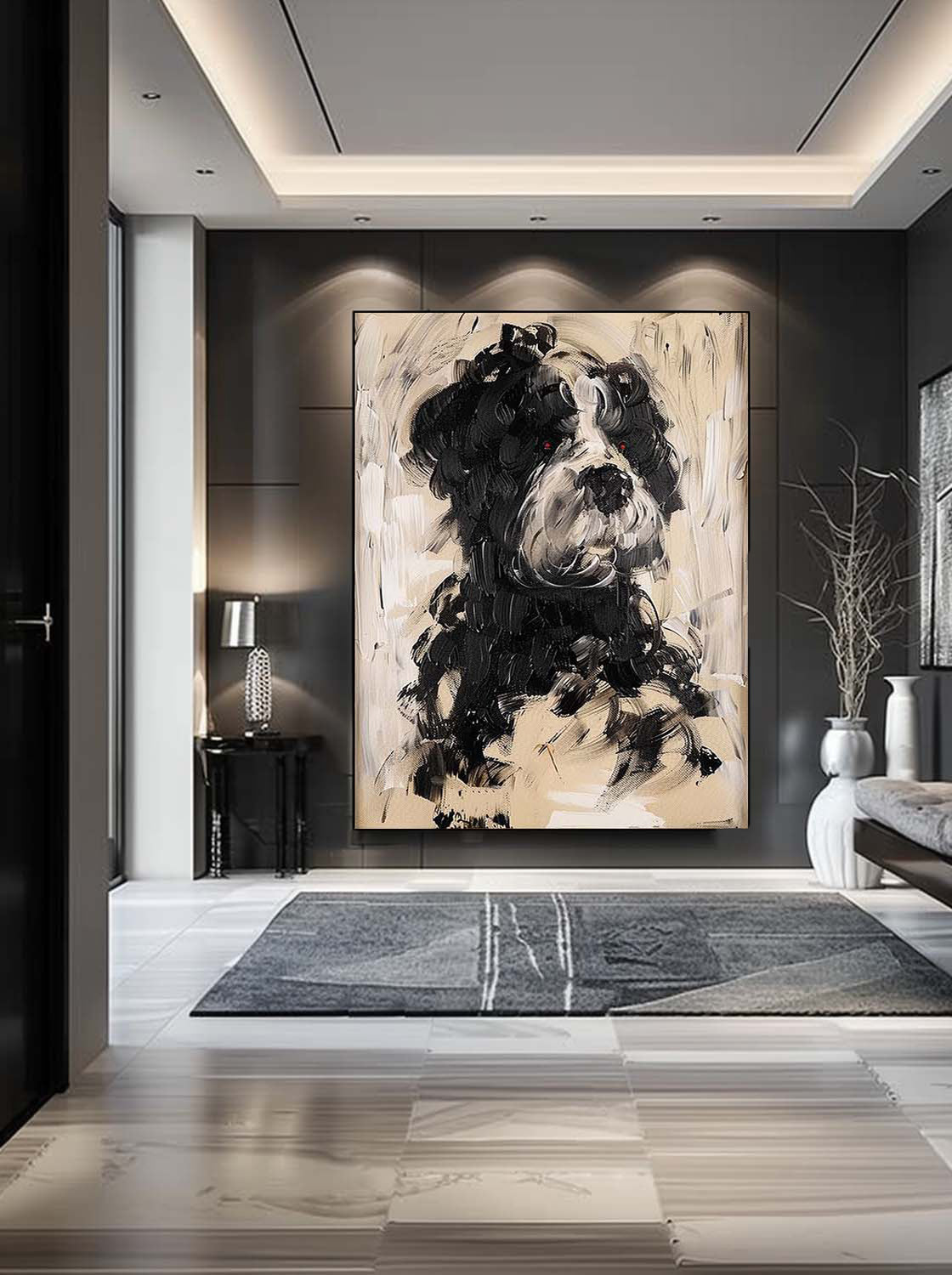 Large Vintage Neutral Dog Portrait Painting Original Dog Painting On Canvas Retro Neutral Tone Dog Artwork