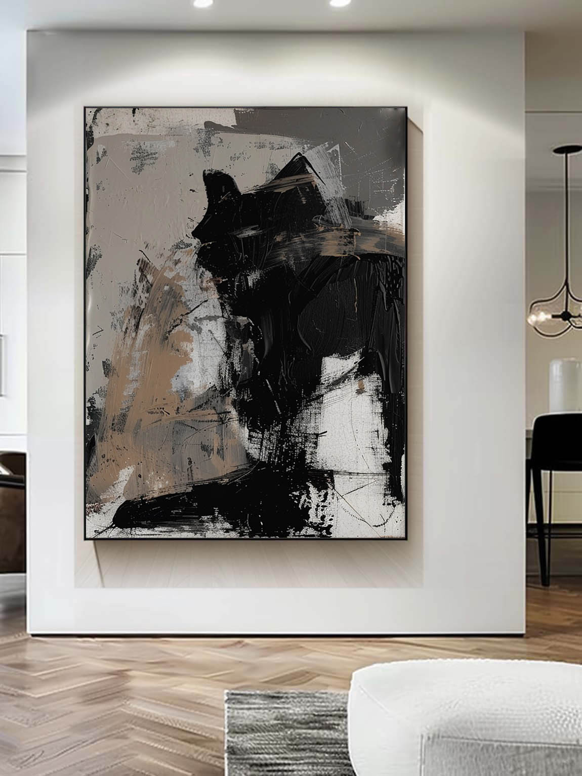 Retro Abstract Black Cat Oil Painting Minimalist Black Texture Wall Art Neutral Tones Canvas Art Original Black And Grey Abstract Art