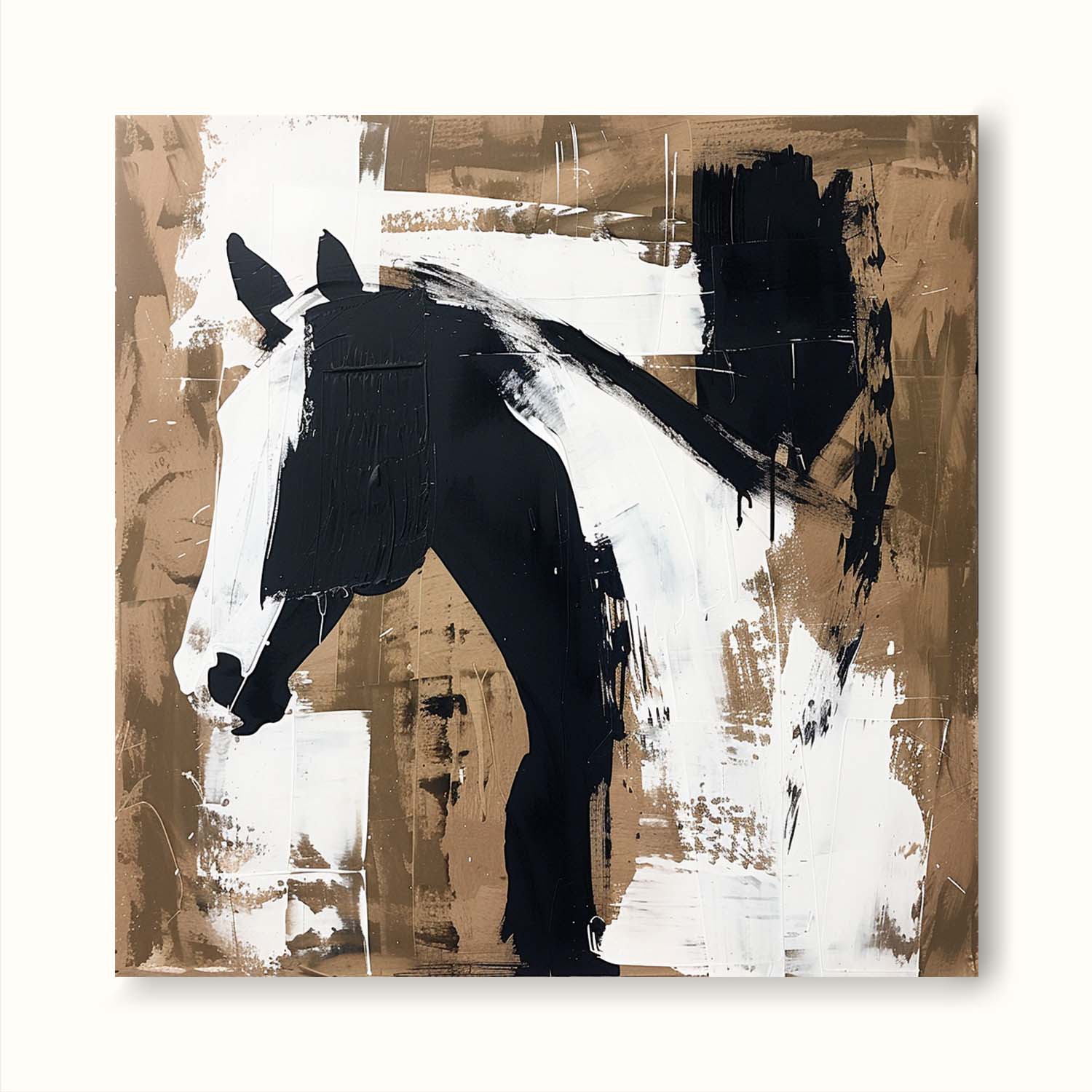 Vintage White & Black Horse Oil Painting Abstract Original Canvas Wall Art Retro Horse Wall Art