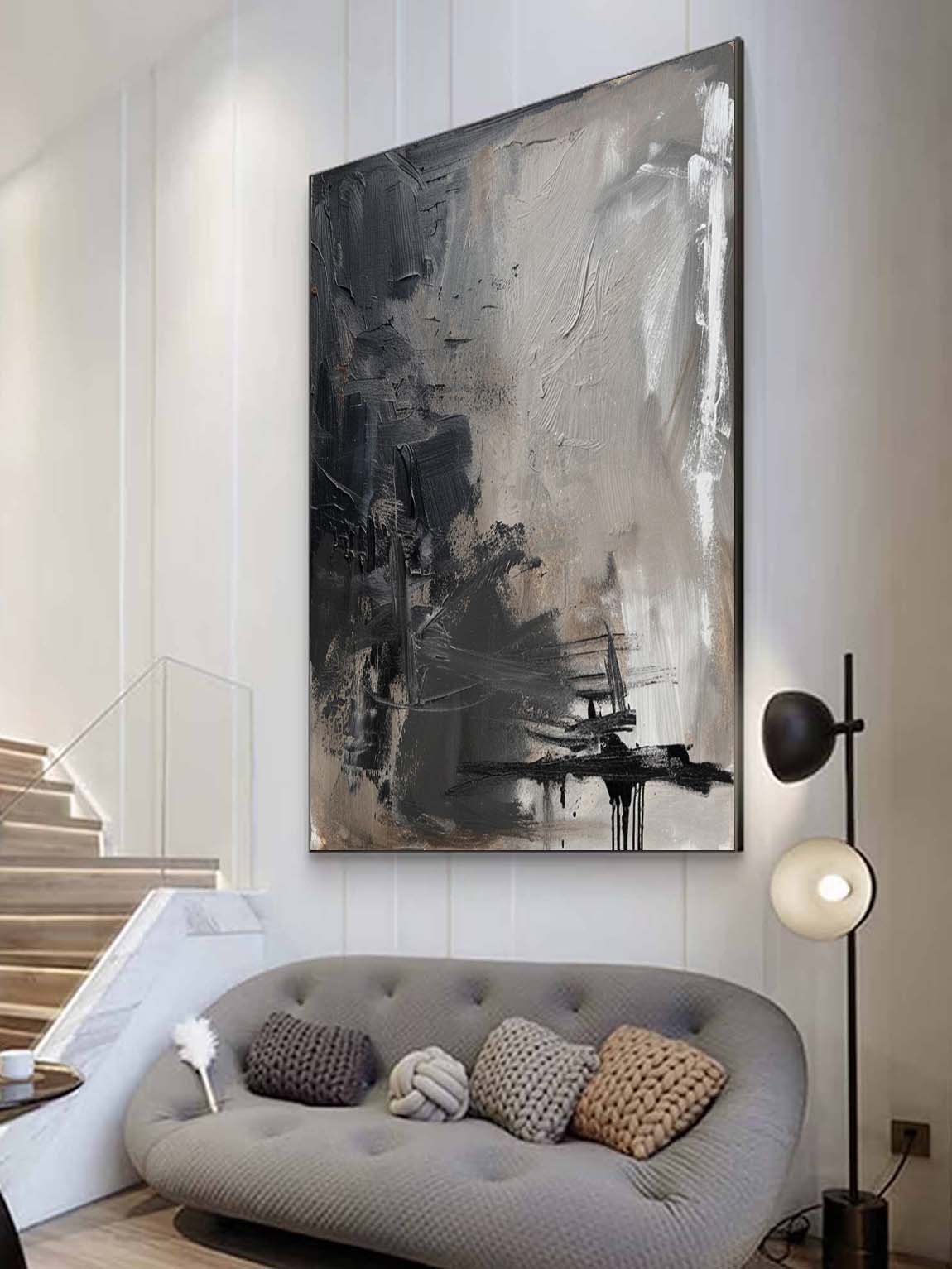 Retro Black And Grey Abstract Painting Original Black Wabi Sabi Wall Art Large Black And Grey Oil Painting On Canvas