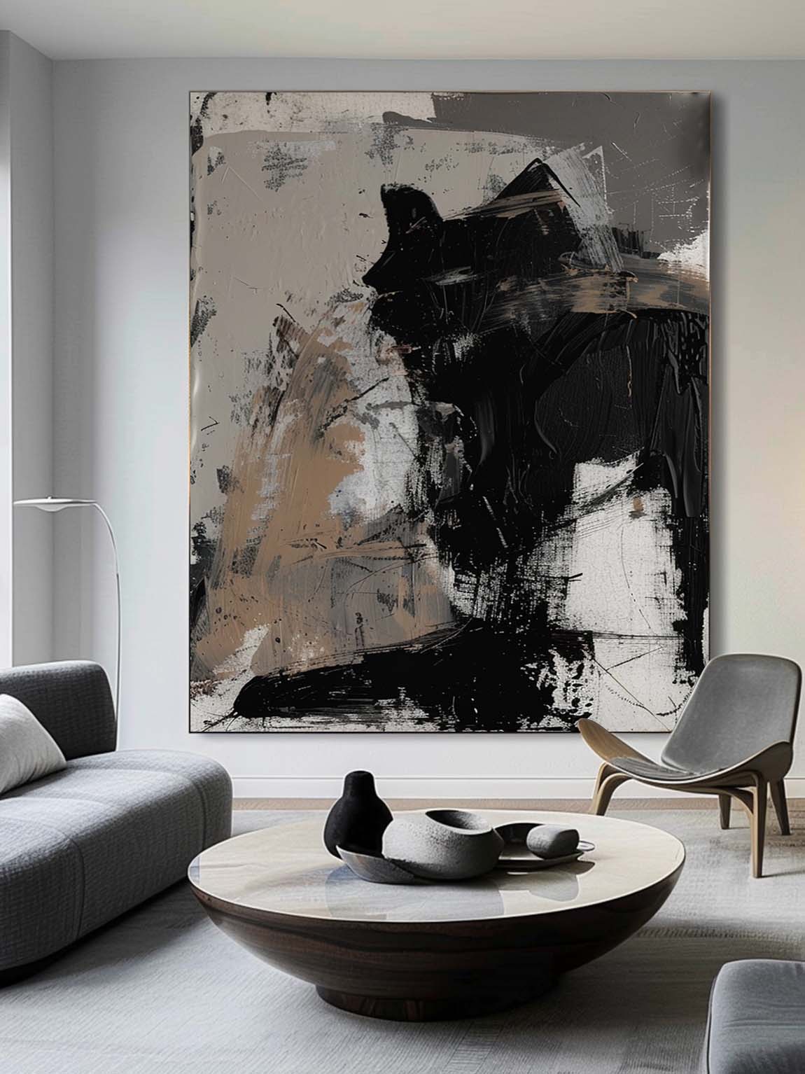 Retro Abstract Black Cat Oil Painting Minimalist Black Texture Wall Art Neutral Tones Canvas Art Original Black And Grey Abstract Art