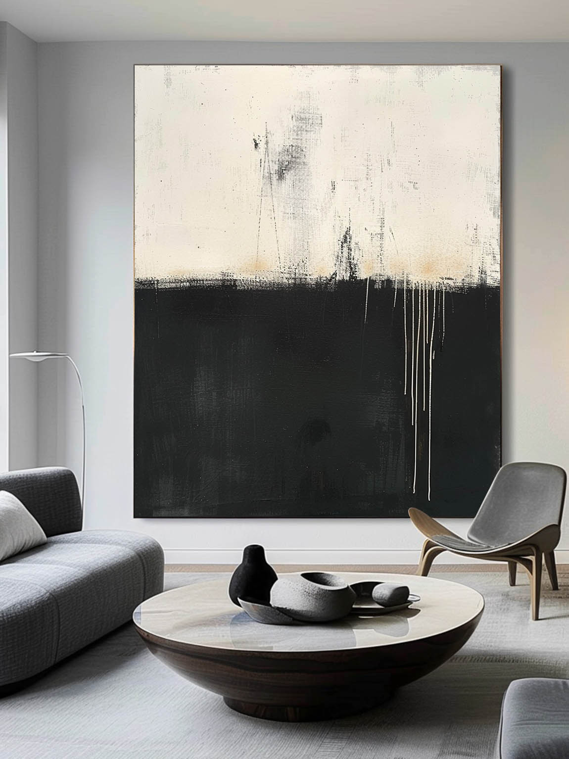 Vintage Black And White Abstract Wall Art Minimalist Retro Wabi Sabi Large Canvas Painting Neutral Black & White Wall Art