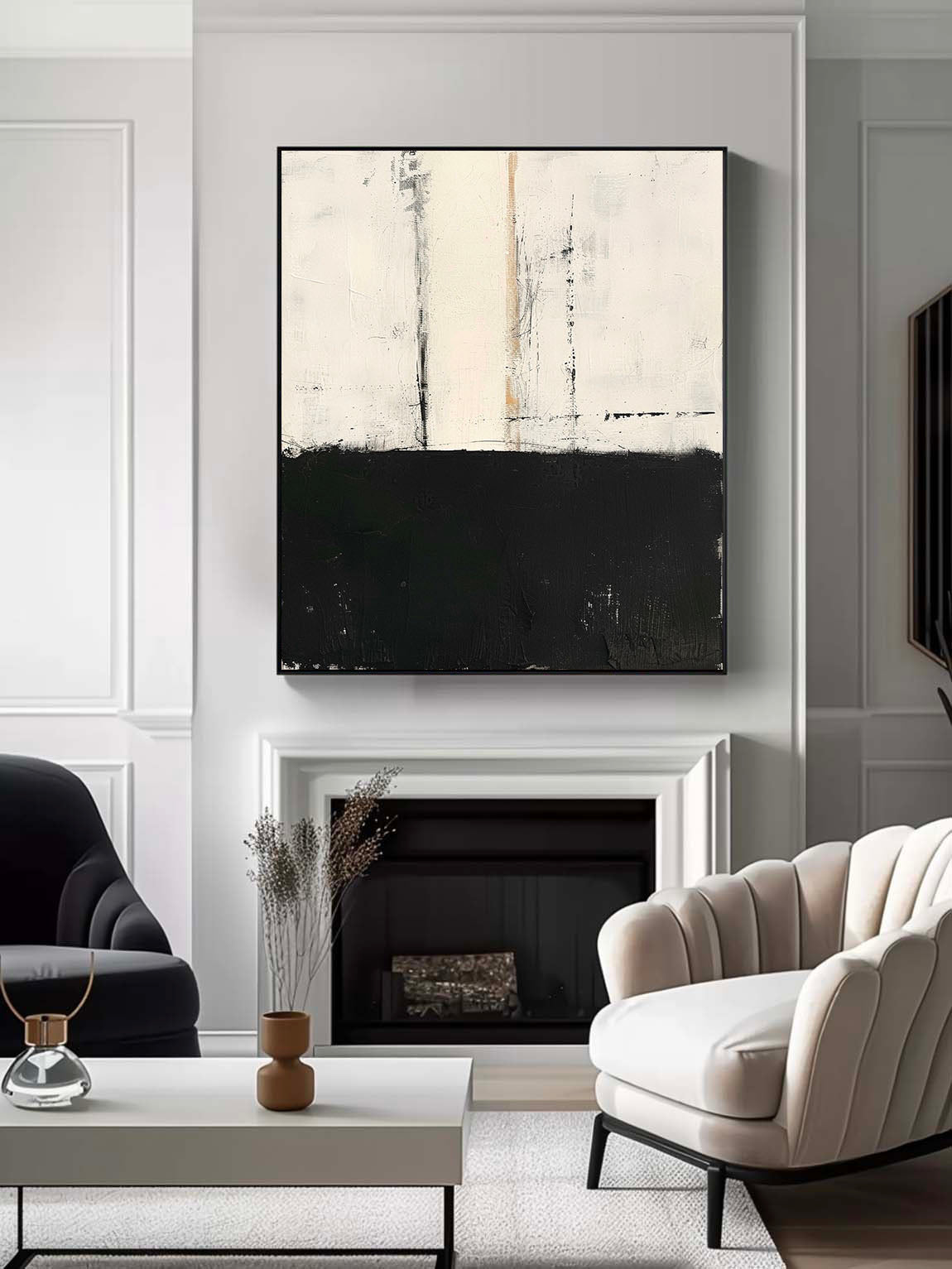 Vintage Black And White Texture Painting Original Black White Minimalist Wall Art Neutral White & Black Painting On Canvas