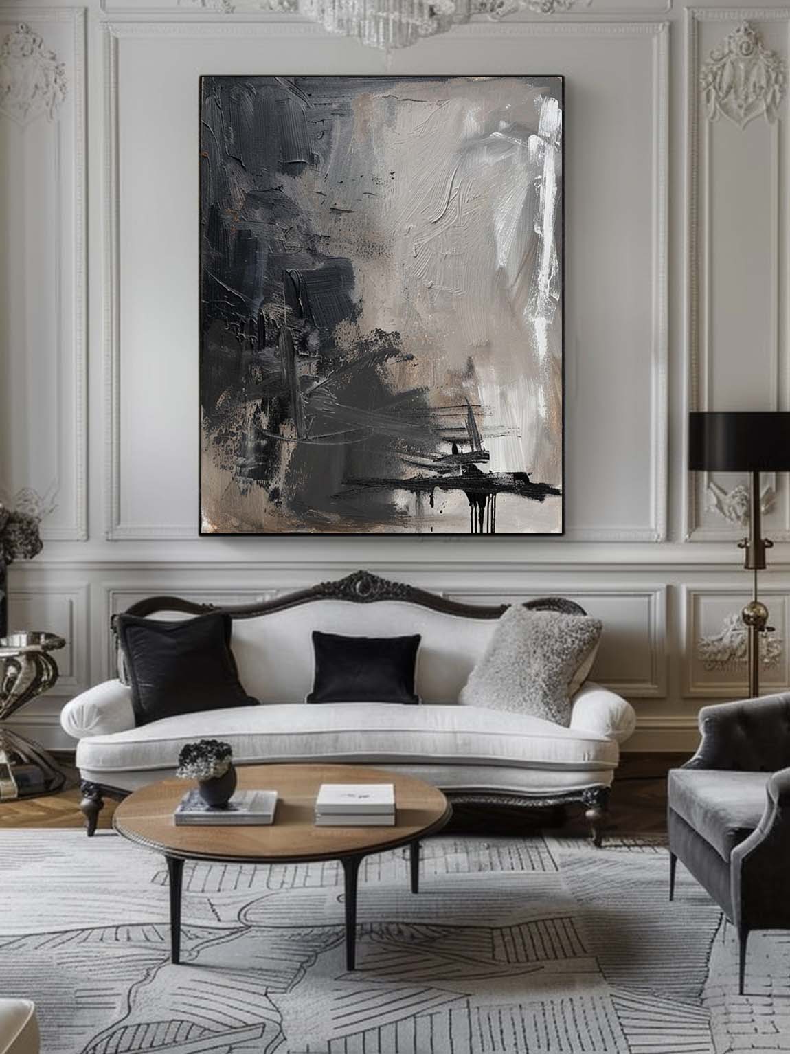 Retro Black And Grey Abstract Painting Original Black Wabi Sabi Wall Art Large Black And Grey Oil Painting On Canvas