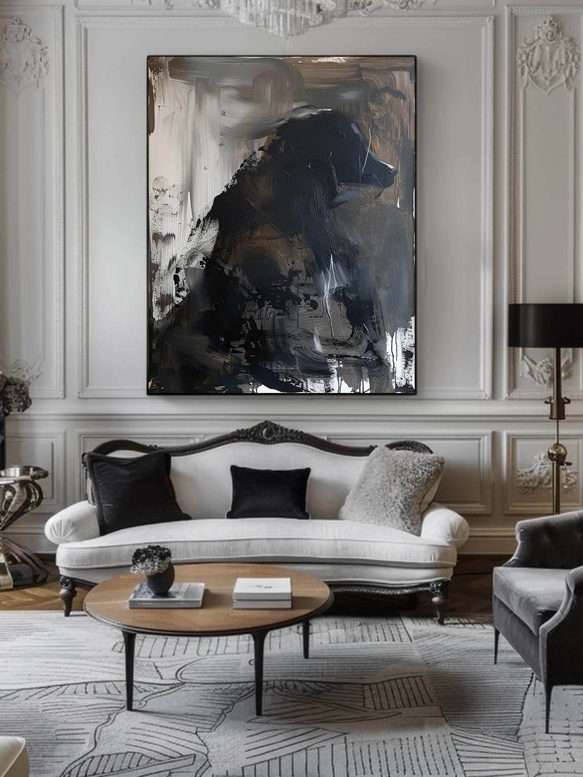 Vintage Black Dog Art Retro Abstract Dog Oil Painting Large Black Dog Oil Painting Minimalist Black Dog Painting