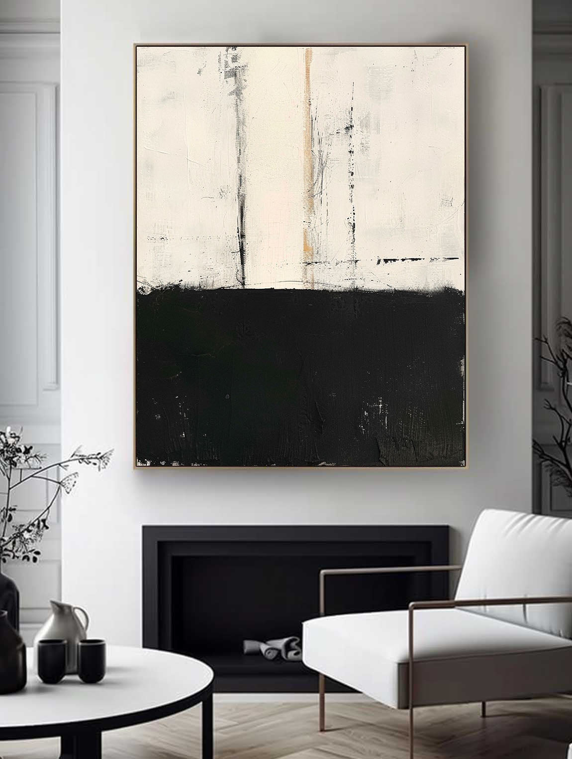 Vintage Black And White Texture Painting Original Black White Minimalist Wall Art Neutral White & Black Painting On Canvas