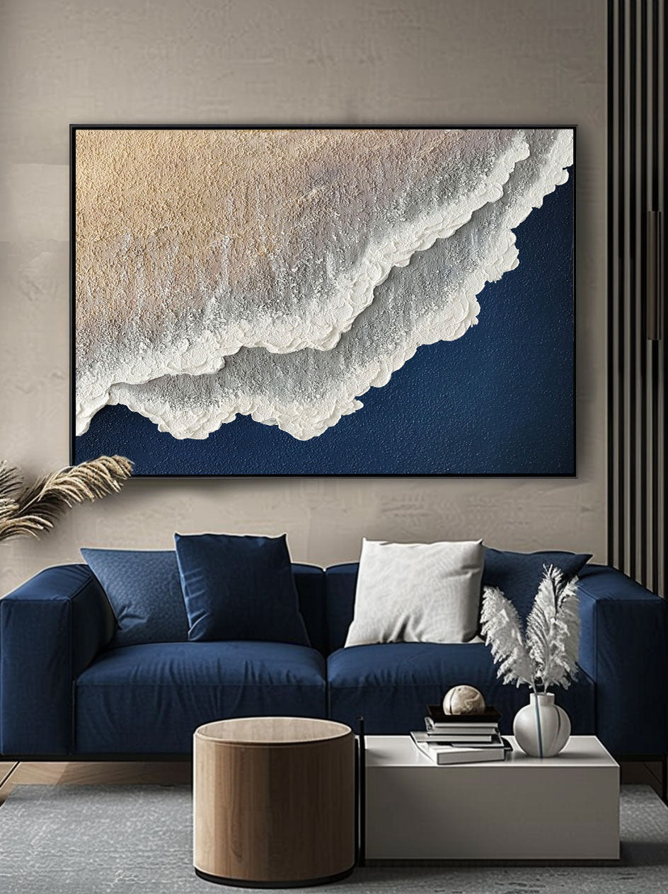 Navy Blue White Abstract Ocean Painting 3D White And Blue Minimalist Ocean Waves Art Minimalist Blue Sea Canvas Art