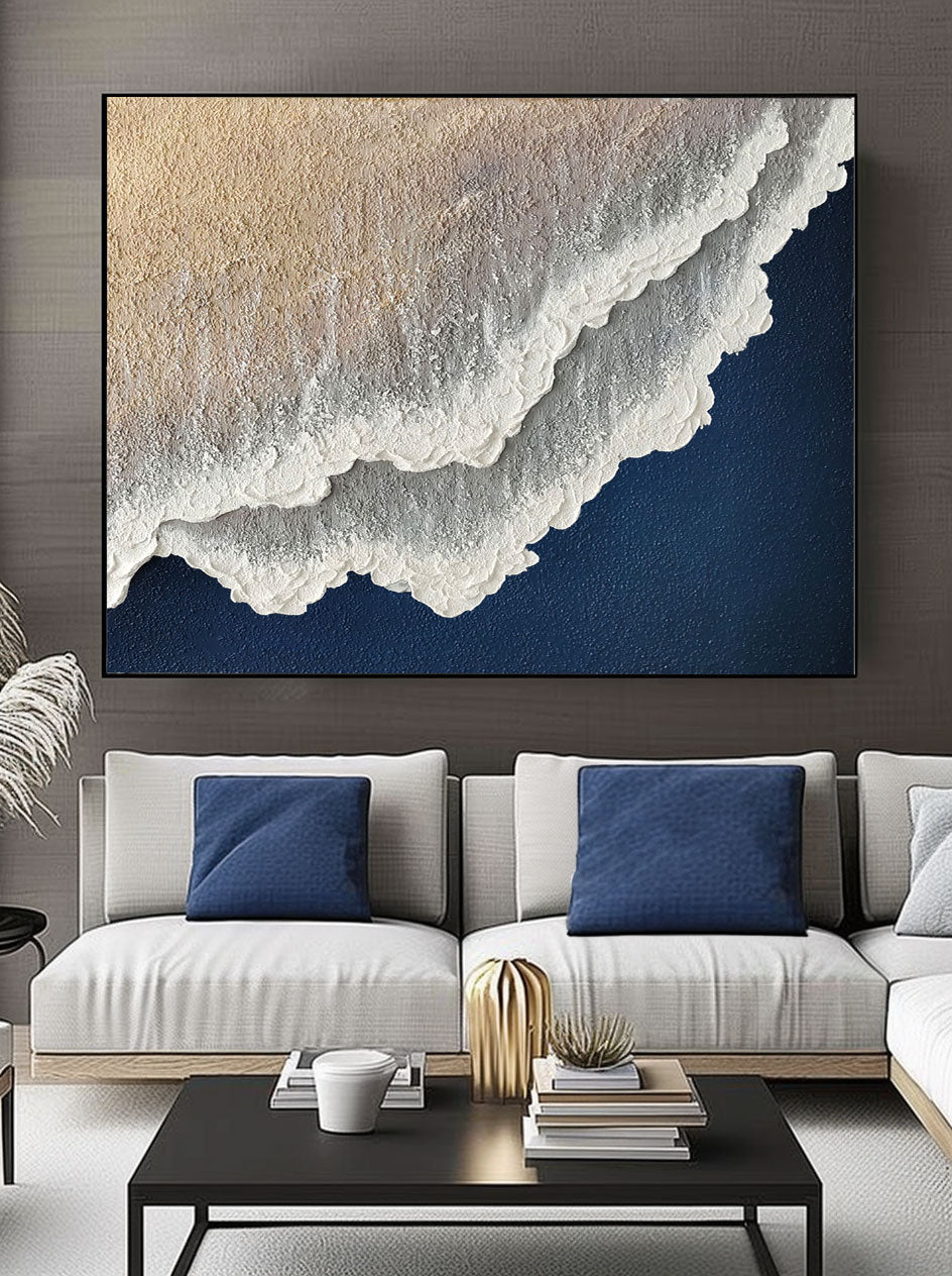 Navy Blue White Abstract Ocean Painting 3D White And Blue Minimalist Ocean Waves Art Minimalist Blue Sea Canvas Art