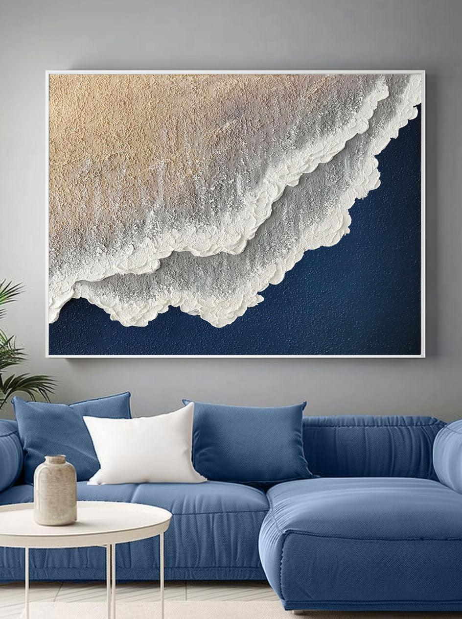 Navy Blue White Abstract Ocean Painting 3D White And Blue Minimalist Ocean Waves Art Minimalist Blue Sea Canvas Art