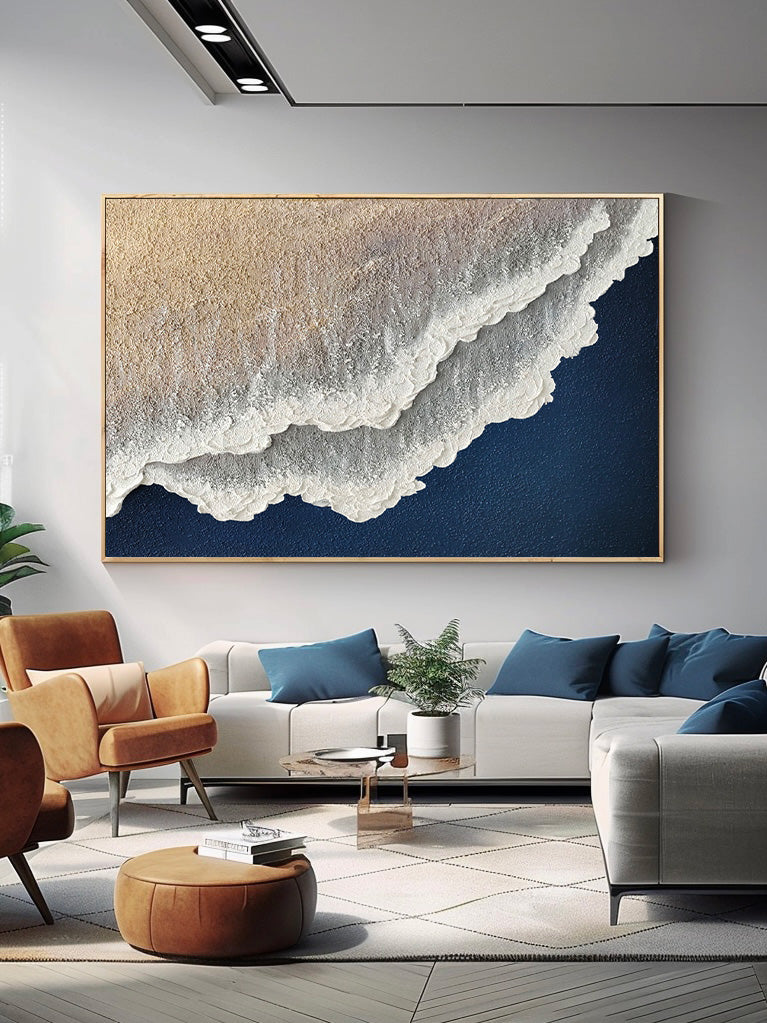 Navy Blue White Abstract Ocean Painting 3D White And Blue Minimalist Ocean Waves Art Minimalist Blue Sea Canvas Art