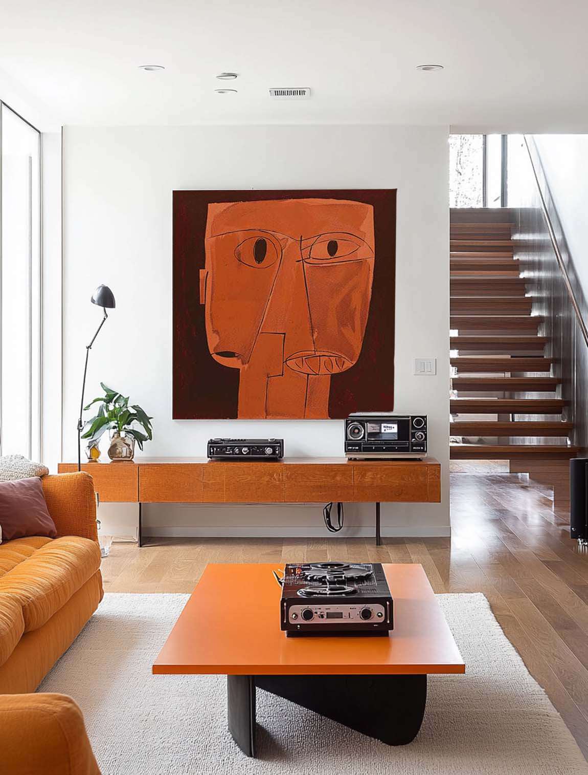 Vintage Orange Human Face Abstract Painting Large Retro Orange Canvas Art Retro Neutral Decor