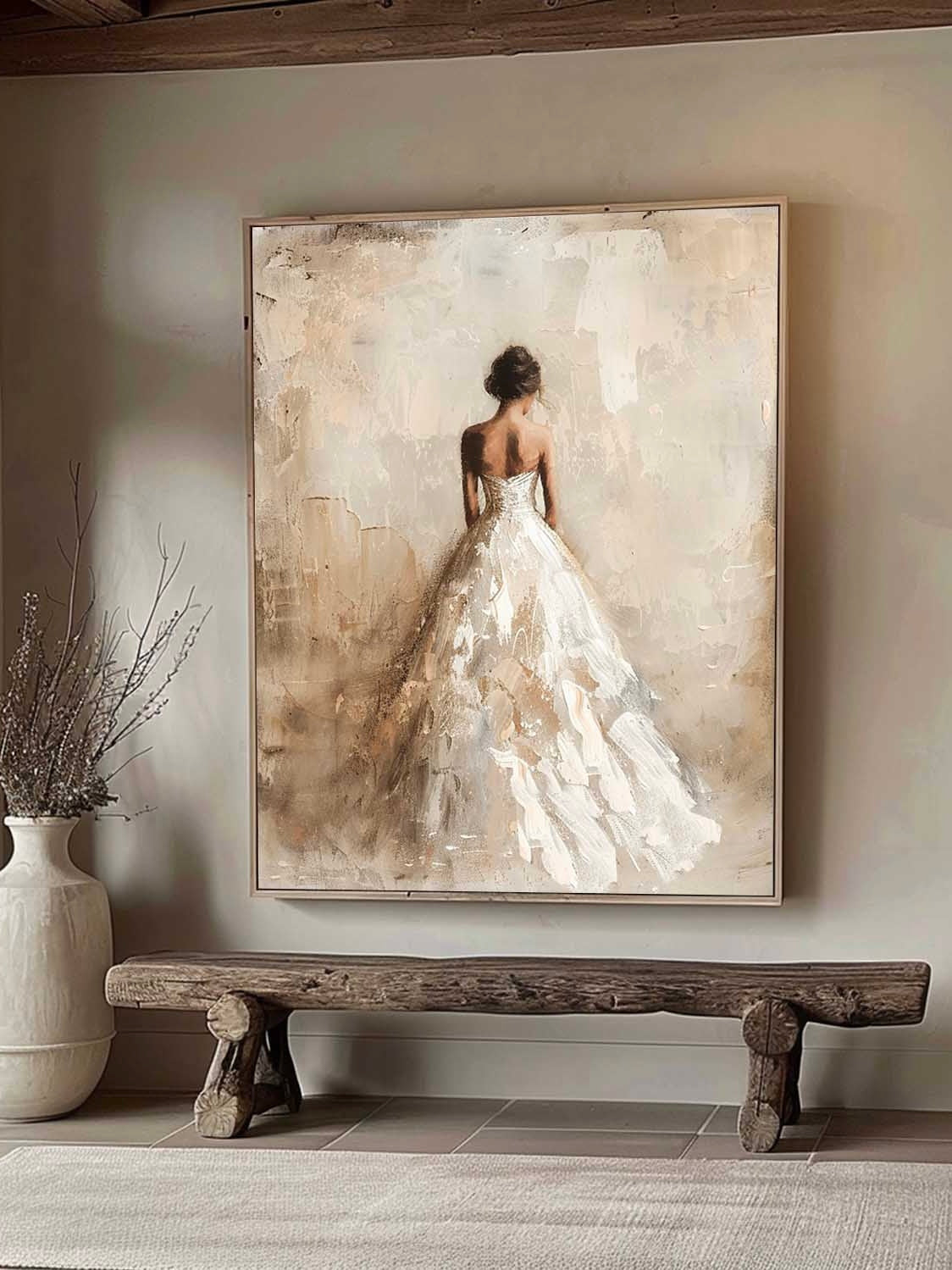 Vintage Abstract Female Painting Large Neutral Canvas Art Beige And White Female Wall Art Minimalist Female Wedding Oil Painting